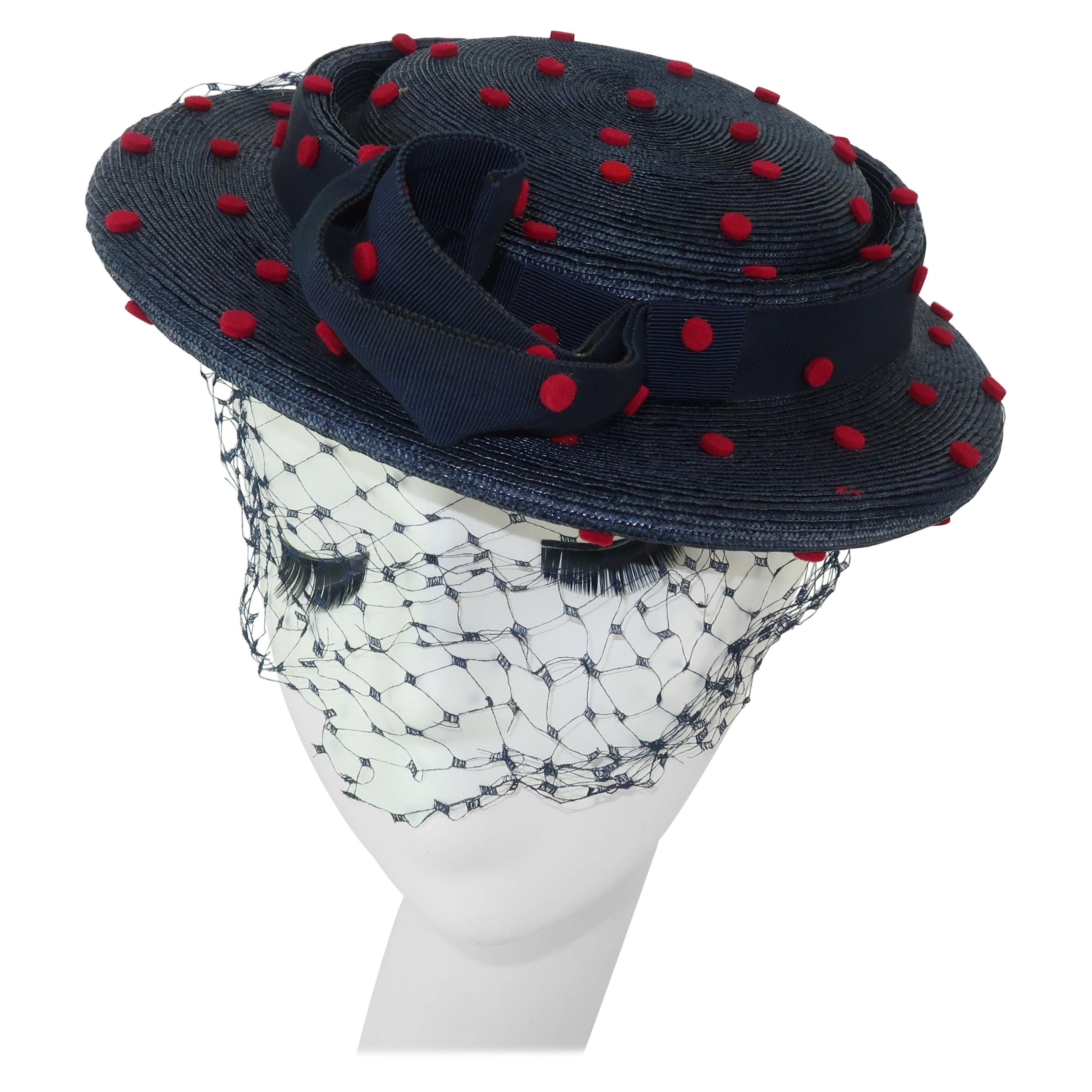 Navy Blue & Red Polka Dot Straw Hat, C.1950