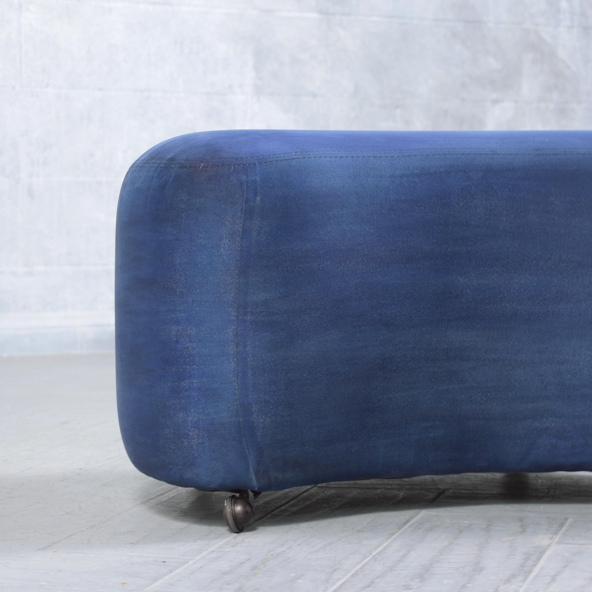 Navy Blue Suede Mid-Century Modern Ottoman For Sale 4