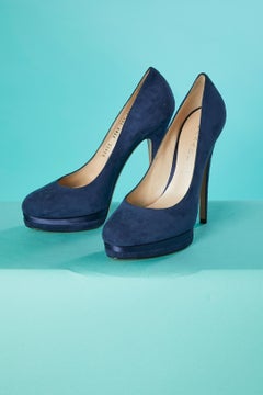 Navy blue suede plateform pump  with blue satin details Casadei