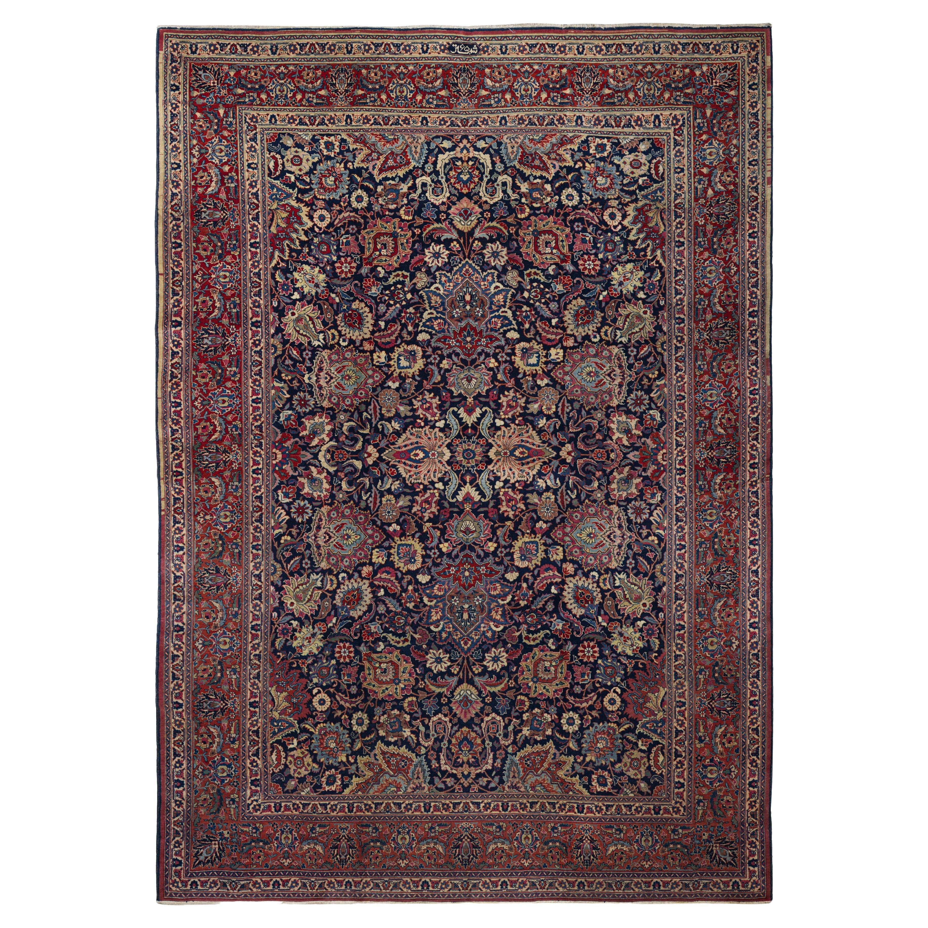 Navy Blue Tabriz Wool Hand Knotted Rug 10 ft x 13 ft , Floral Medallion Opulence For Sale
