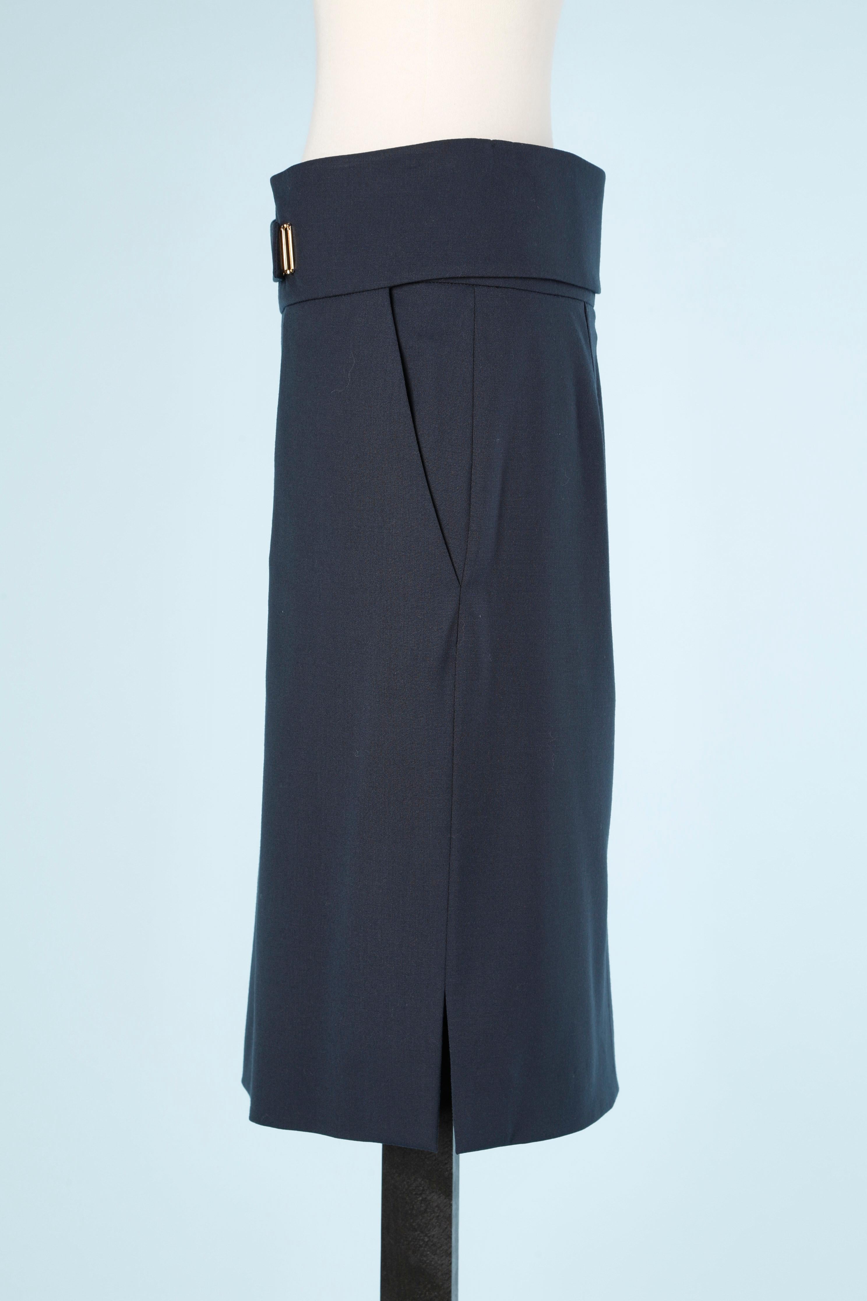 Navy blue thin wool skirt with wrap fabric belt Yves Saint Laurent Rive Gauche  For Sale 1