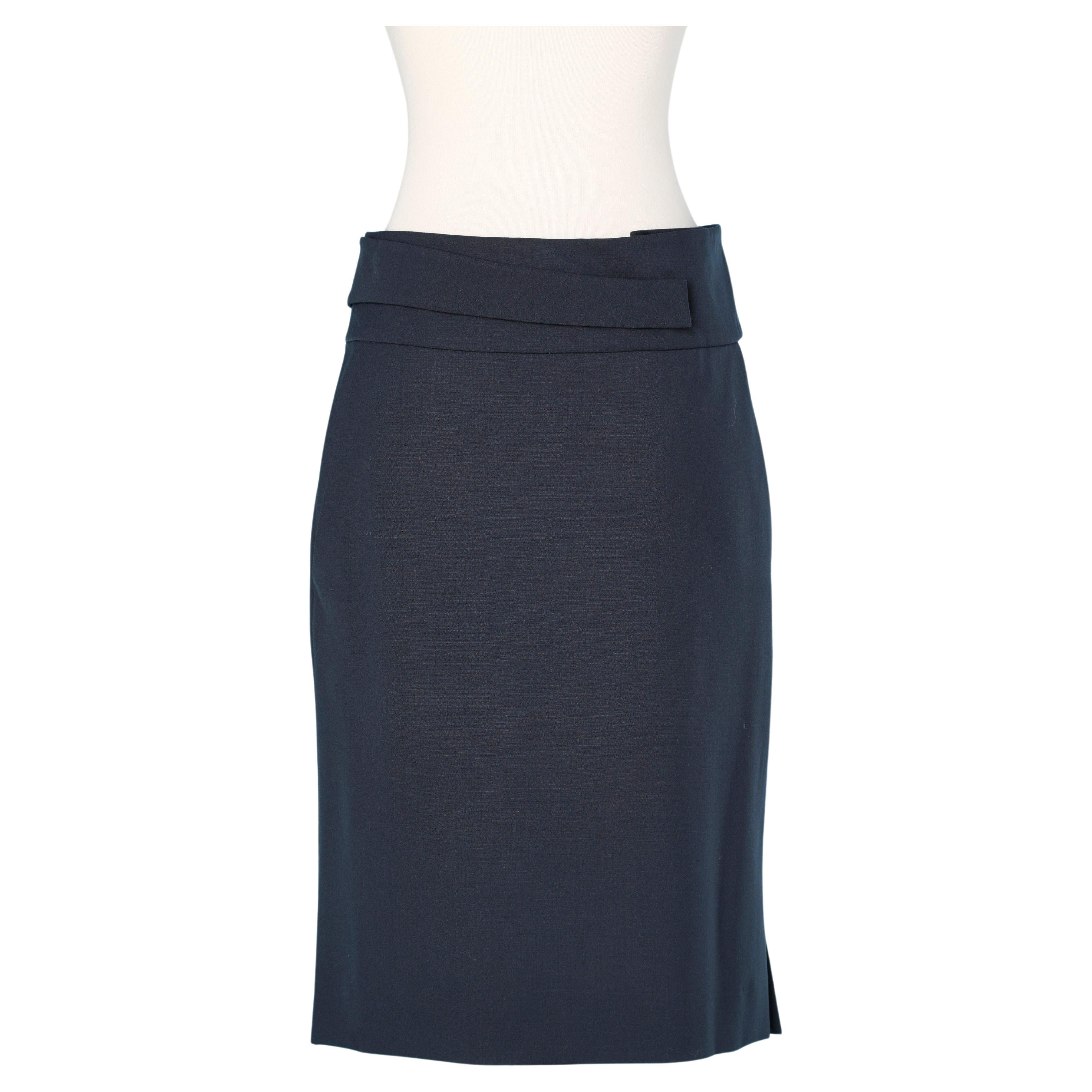Navy blue thin wool skirt with wrap fabric belt Yves Saint Laurent Rive Gauche 