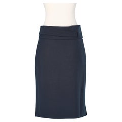 Navy blue thin wool skirt with wrap fabric belt Yves Saint Laurent Rive Gauche 
