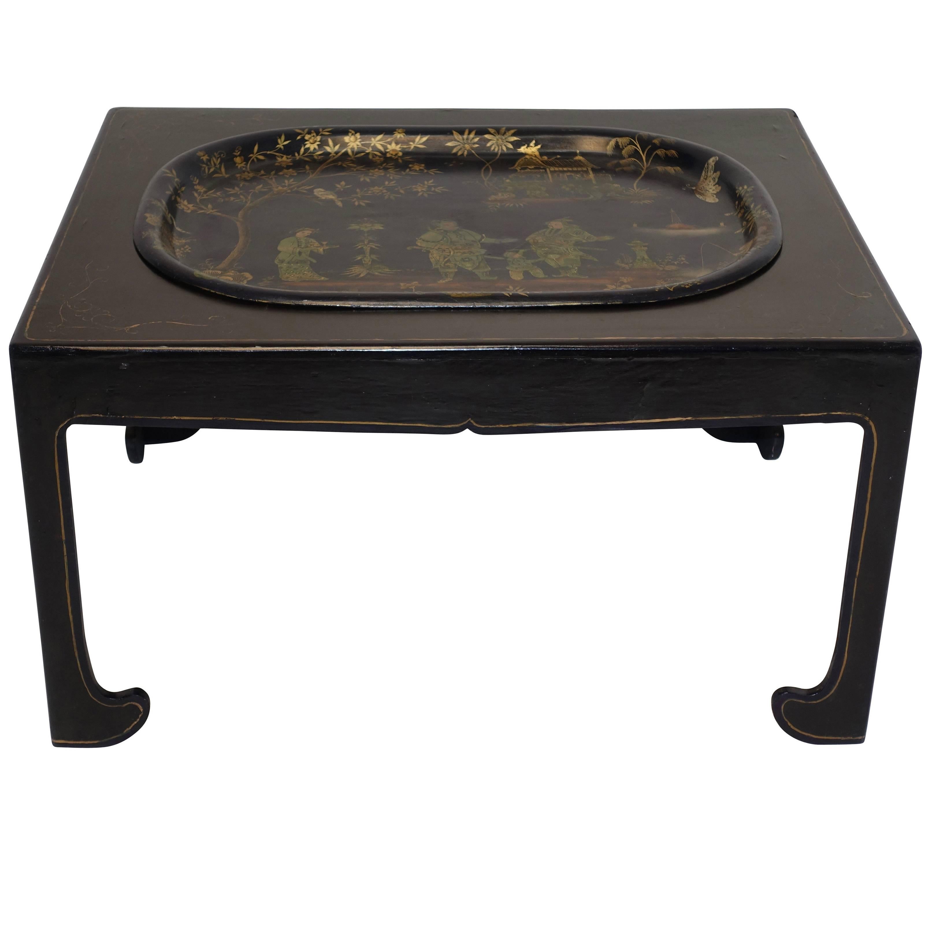 Navy Blue Tole Tray Table with Black Asian Style Stand, England, 19th Century