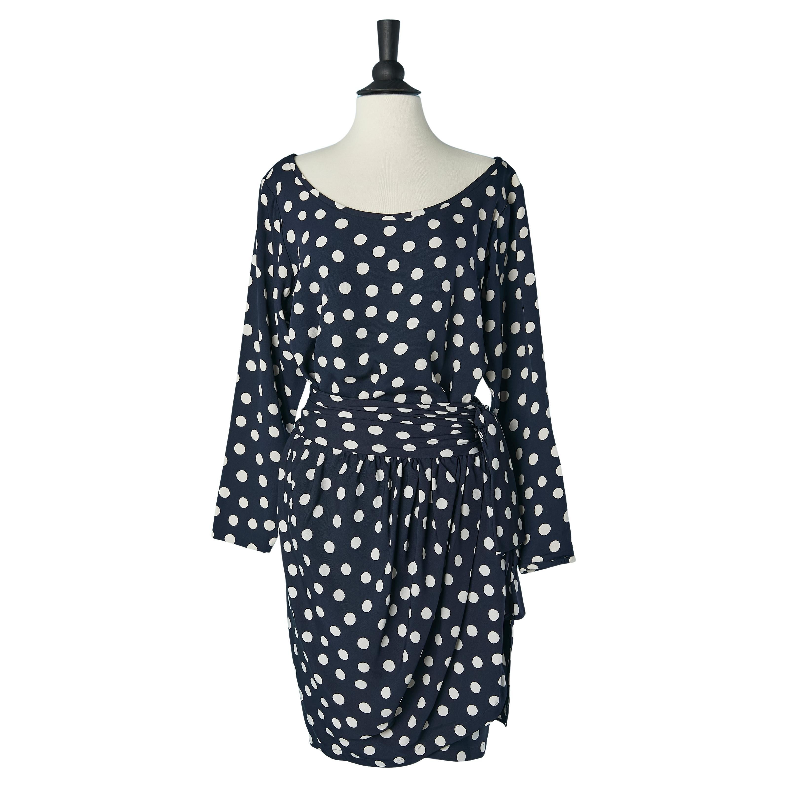 Navy blue top and wrapped skirt ensemble with white Polka dots YSL Rive Gauche For Sale