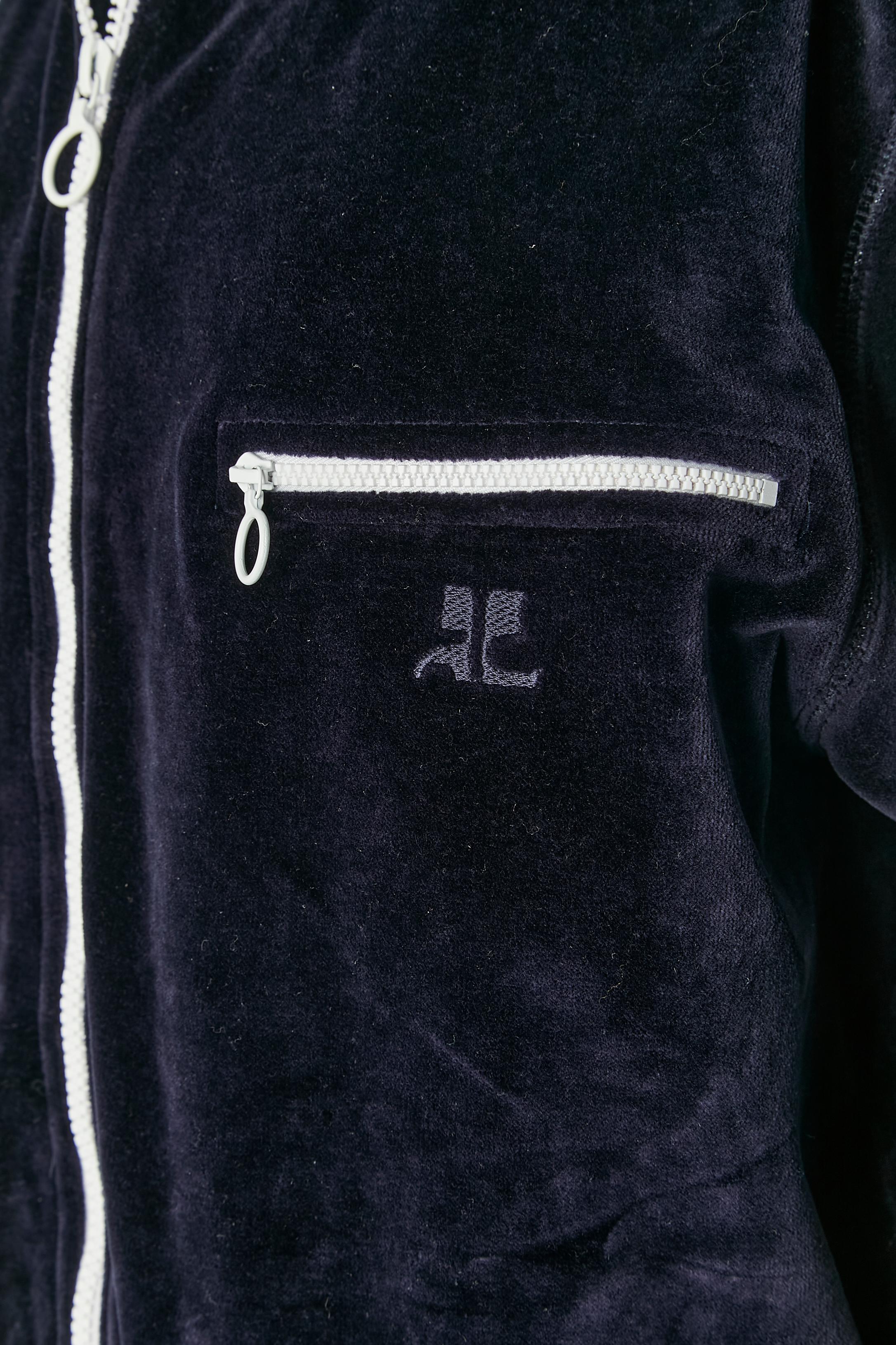 Giacca in spugna di velluto blu navy con cappuccio e zip bianca Courrèges In condizioni ottime in vendita a Saint-Ouen-Sur-Seine, FR