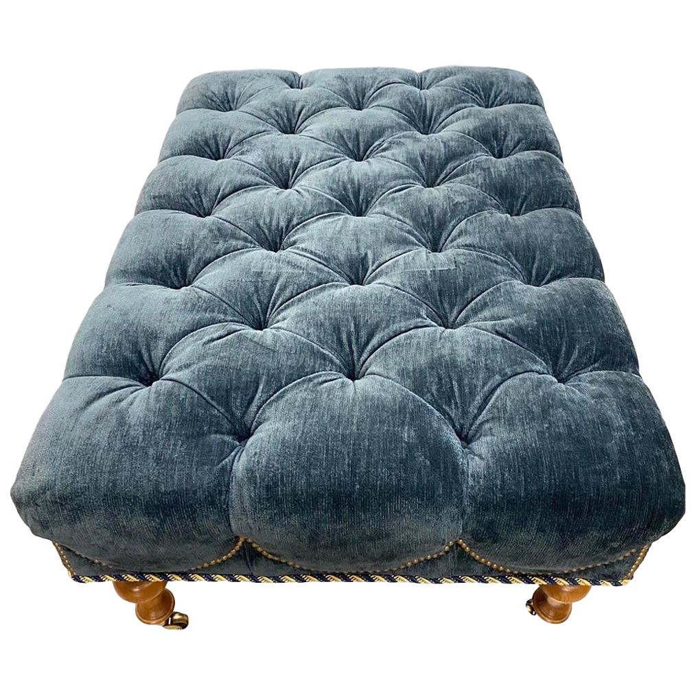 Navy Blue Velvet Tufted Four Foot Ottoman with Caster, Nailheads and Cording
