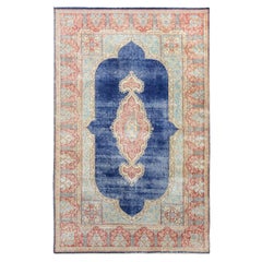 Navy Blue Vintage and Worn Down Persian Kerman Pure Wool Oriental Rug