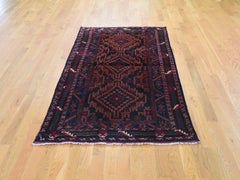 Navy Blue Vintage Persian Baluch Pure Wool Wide Runner Hand Knotted Oriental Rug