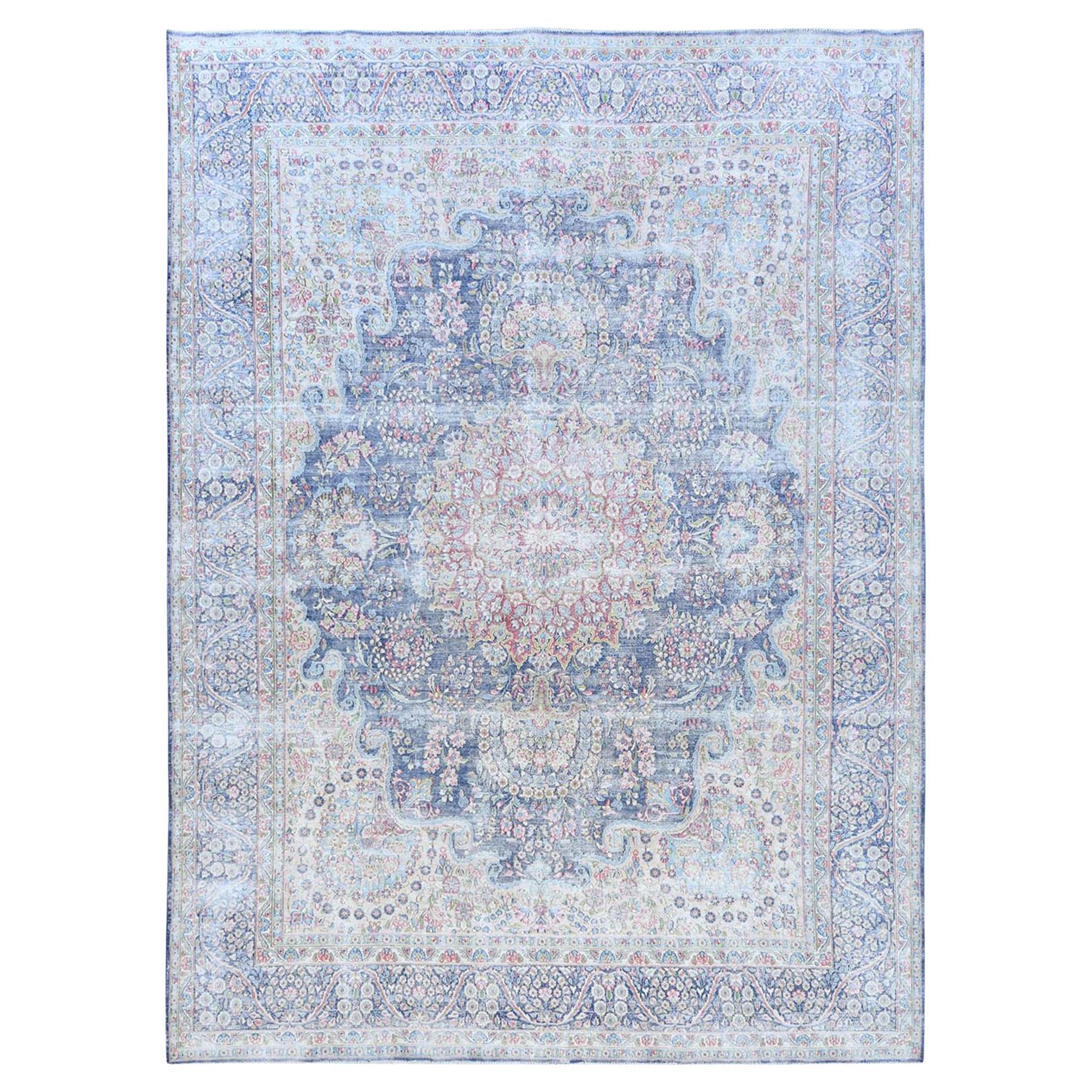 Navy Blue Worn Wool Hand Knotted Vintage Persian Kerman Distressed Look