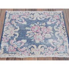 Navy Blue Vintage Zoroastrian Karman Worn Down Distressed Wool Hand Knotted Rug