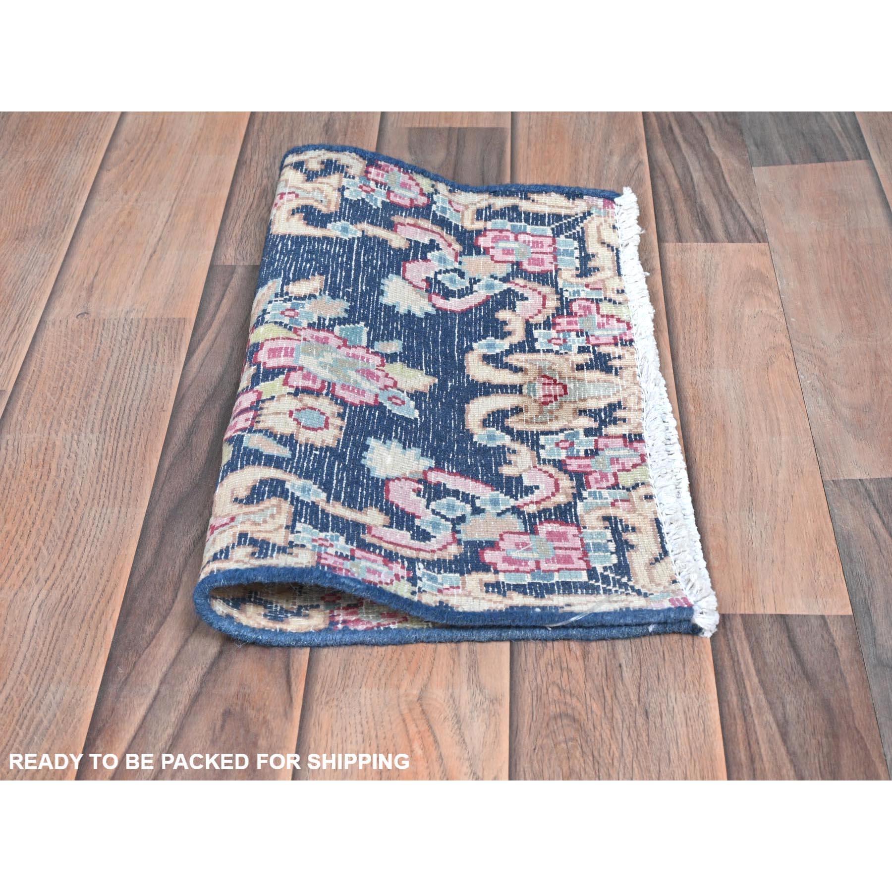 Navy Blue Vintage Persian Kerman Sheared Low Distressed Wool Hand Knotted Rug In Good Condition For Sale In Carlstadt, NJ