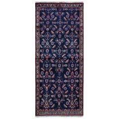 Navy Blue Vintage Persian Malayer Herat Fish Design Wide Runner Hand Knotted