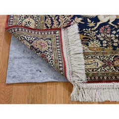 Navy Blue Vintage Persian Silk Qum Hunting Design with Poetry Rug