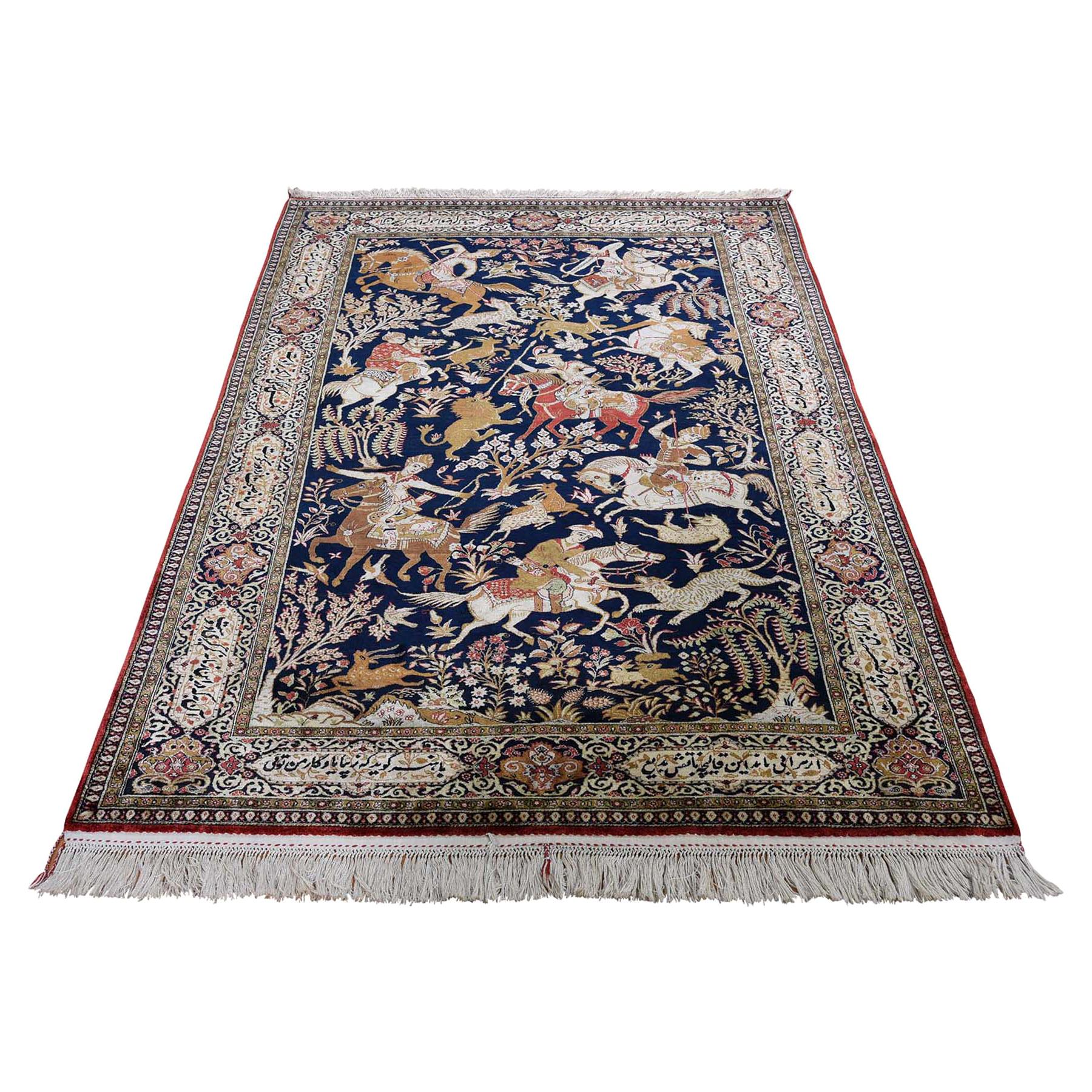 Navy Blue Vintage Persian Silk Qum Hunting Design with Poetry Rug For Sale