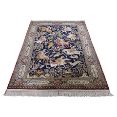 Navy Blue Retro Persian Silk Qum Hunting Design with Poetry Rug