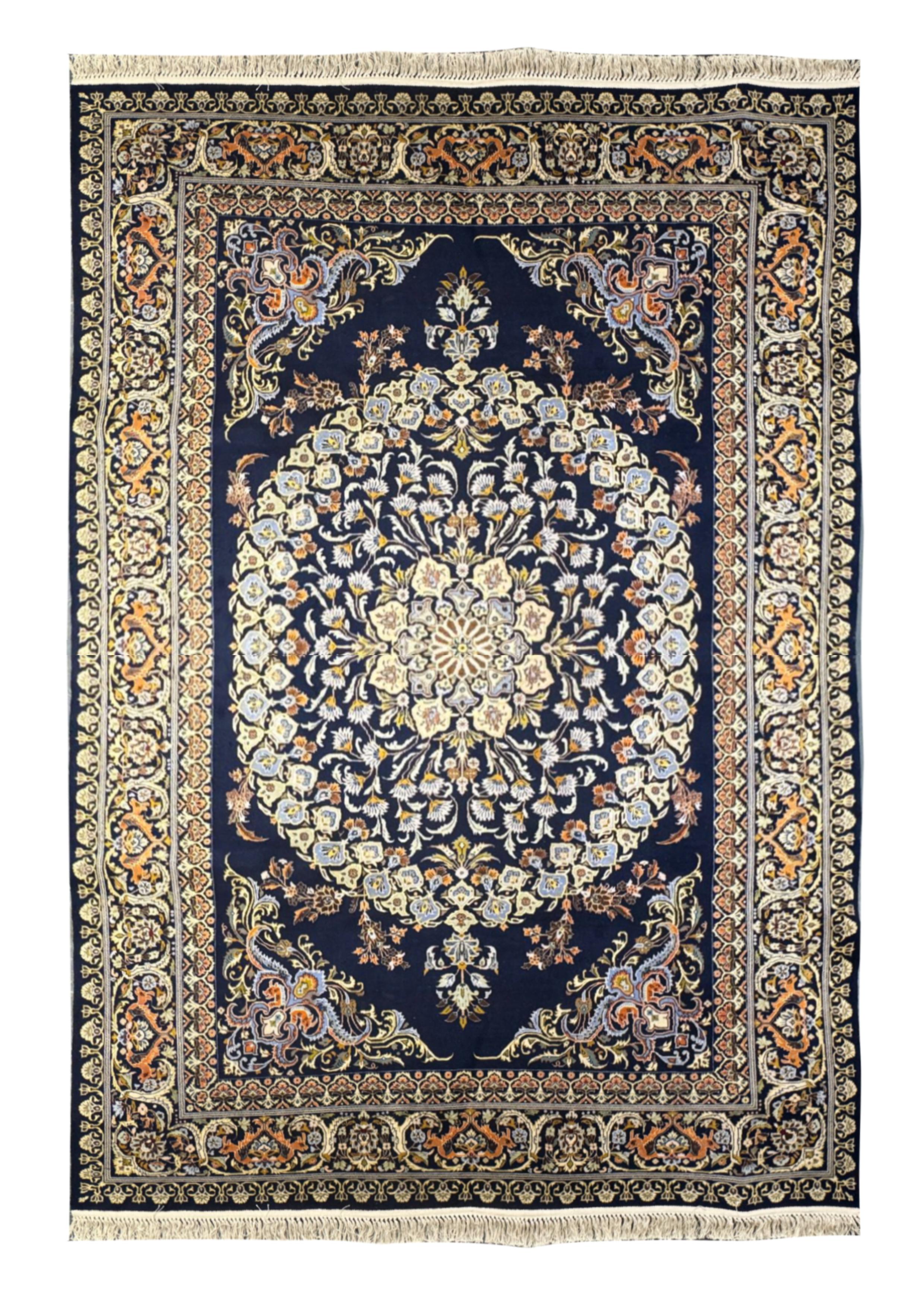 Marineblauer Vintage-Teppich, Kashan-Teppich Floral Design Teppich für Heimtextilien (Pflanzlich gefärbt) im Angebot