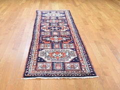Navy Blue Vintage Turkish Runner Village Hand Knotted Oriental Rug