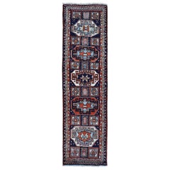 Navy Blue Vintage Turkish Runner Village Hand Knotted Oriental Rug