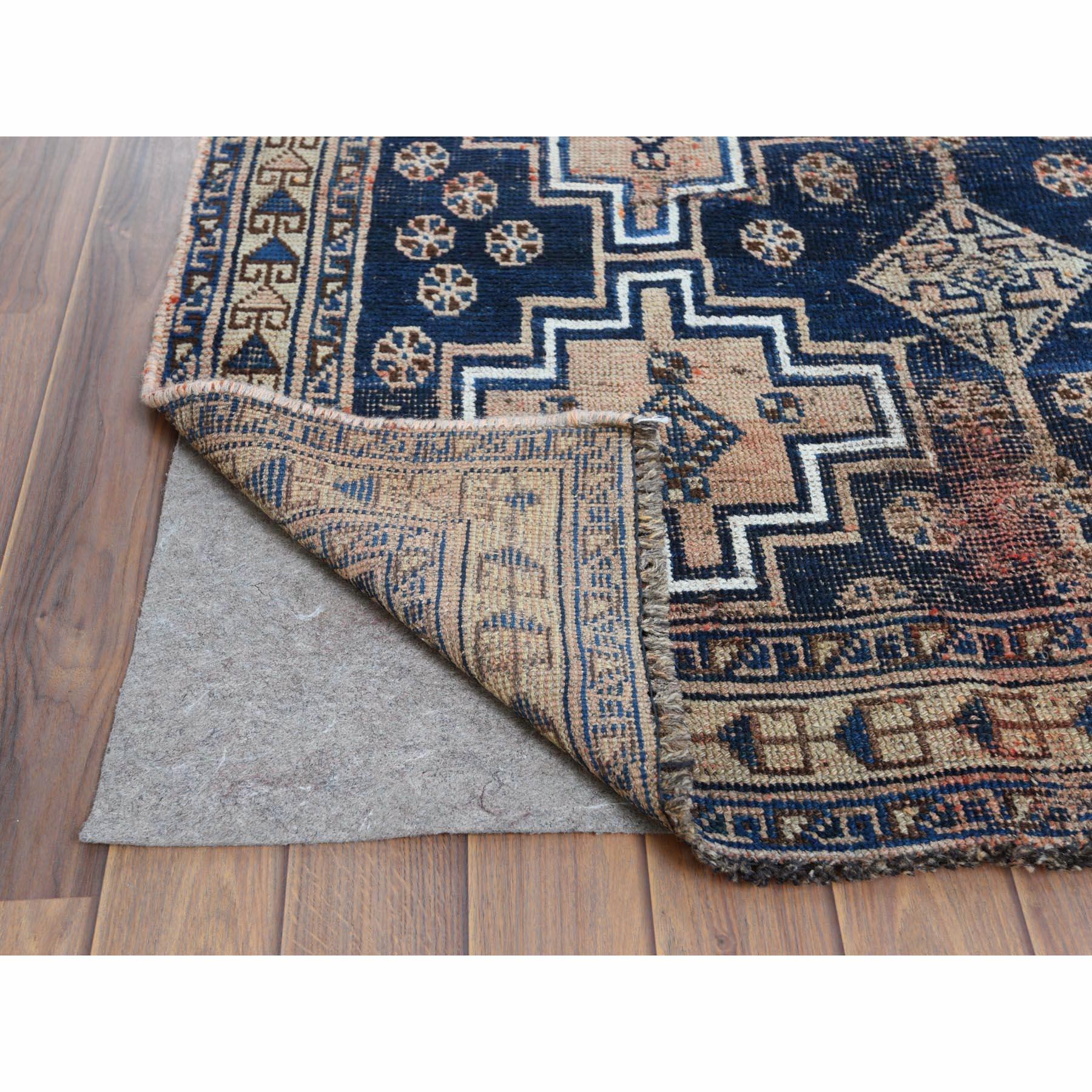 Medieval Navy Blue Vintage Worn Down Persian Qashqai Clean Hand Knotted Natural Wool Rug For Sale