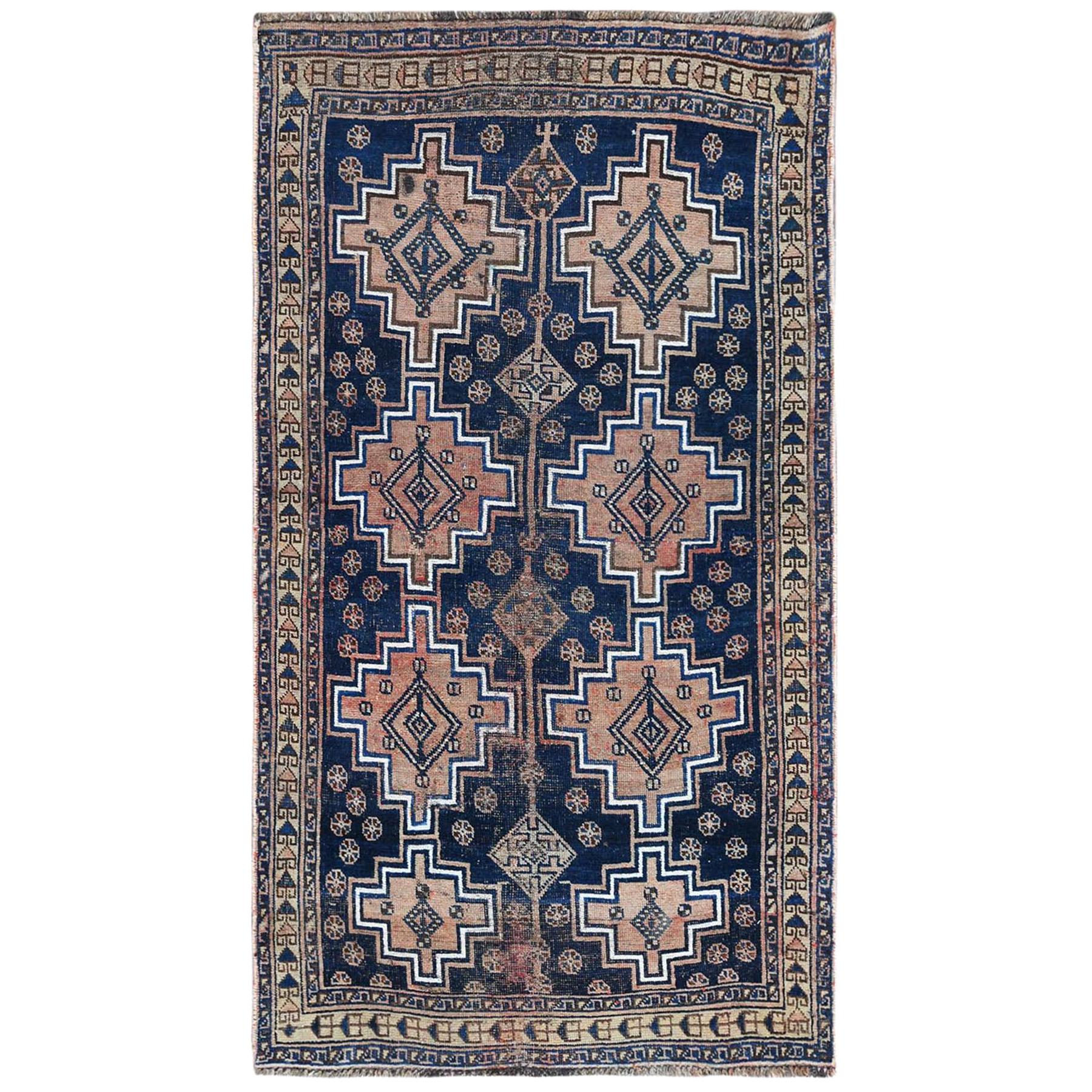 Navy Blue Vintage Worn Down Persian Qashqai Clean Hand Knotted Natural Wool Rug For Sale