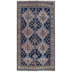 Navy Blue Vintage Worn Down Persian Qashqai Clean Hand Knotted Natural Wool Rug