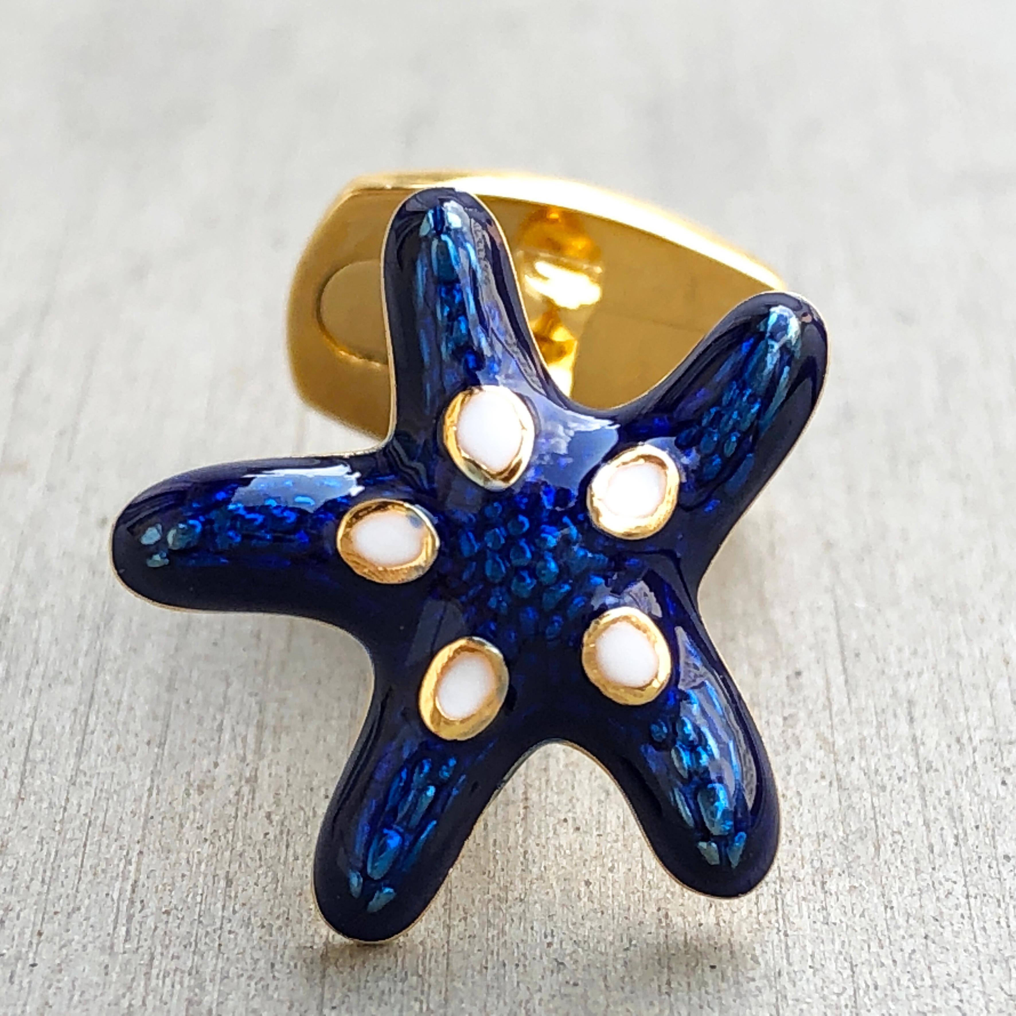 Navy Blue White Enameled Starfish Shaped Sterling Silver Gold-Plated Cufflinks 5