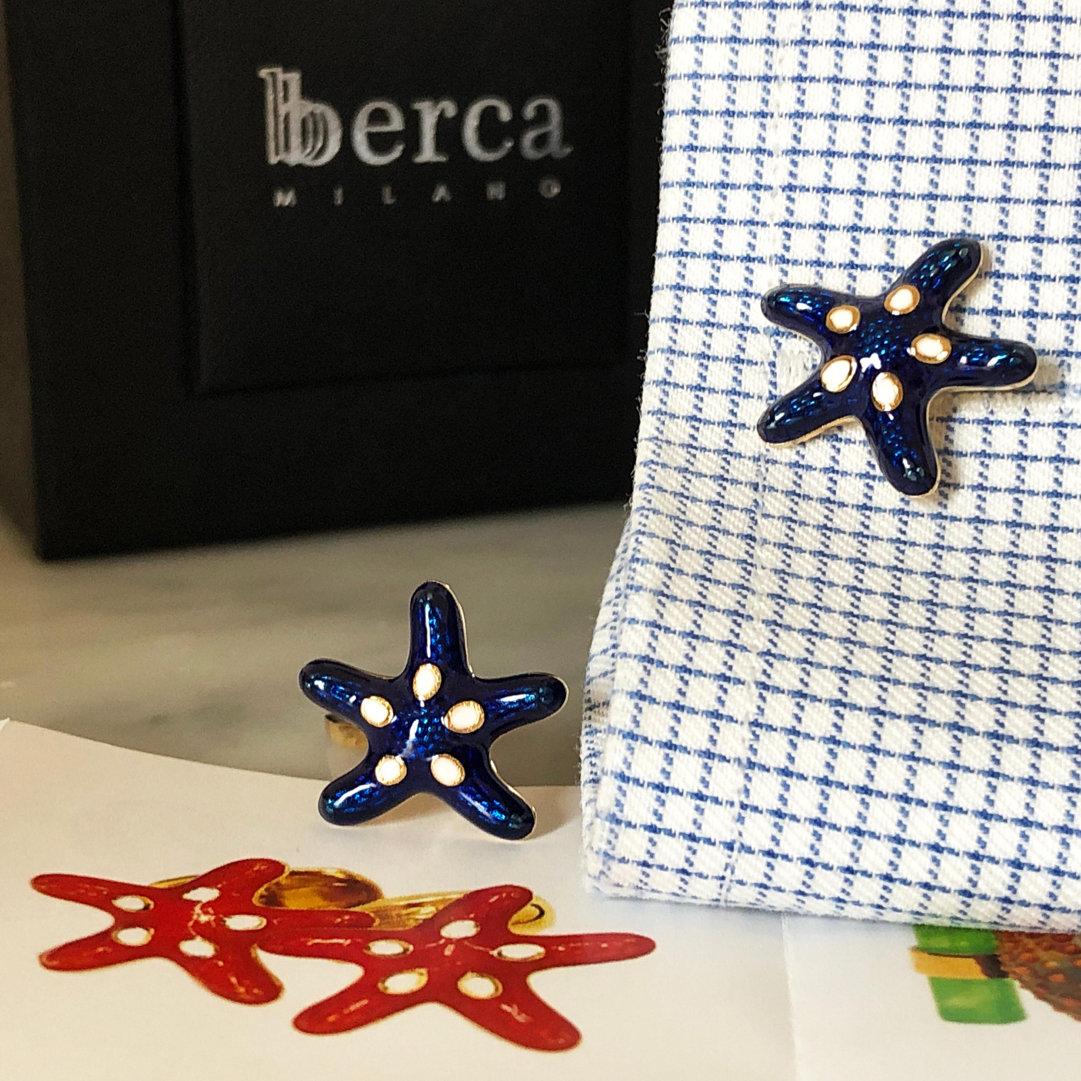 Navy Blue White Enameled Starfish Shaped Sterling Silver Gold-Plated Cufflinks 6