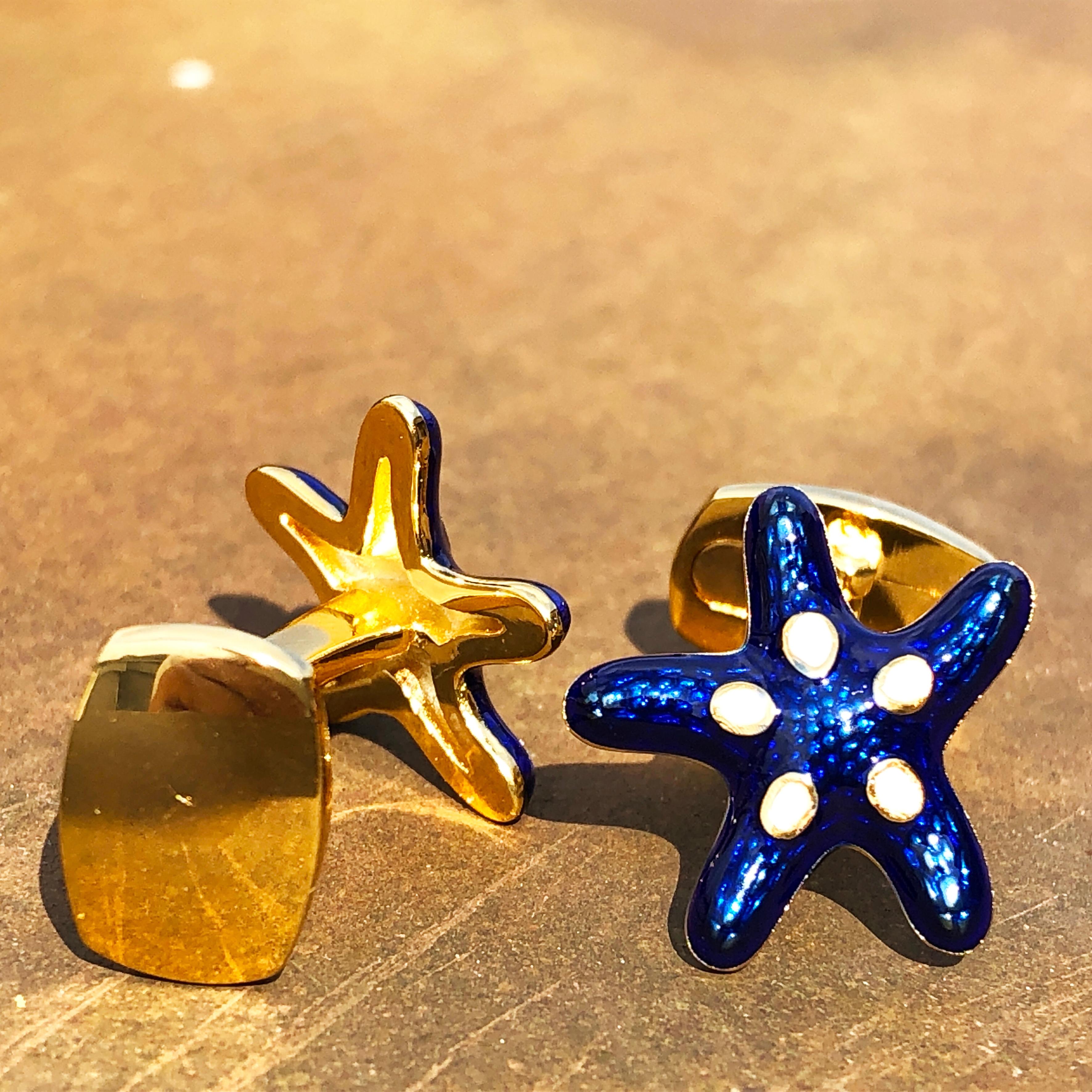 Navy Blue White Enameled Starfish Shaped Sterling Silver Gold-Plated Cufflinks 7