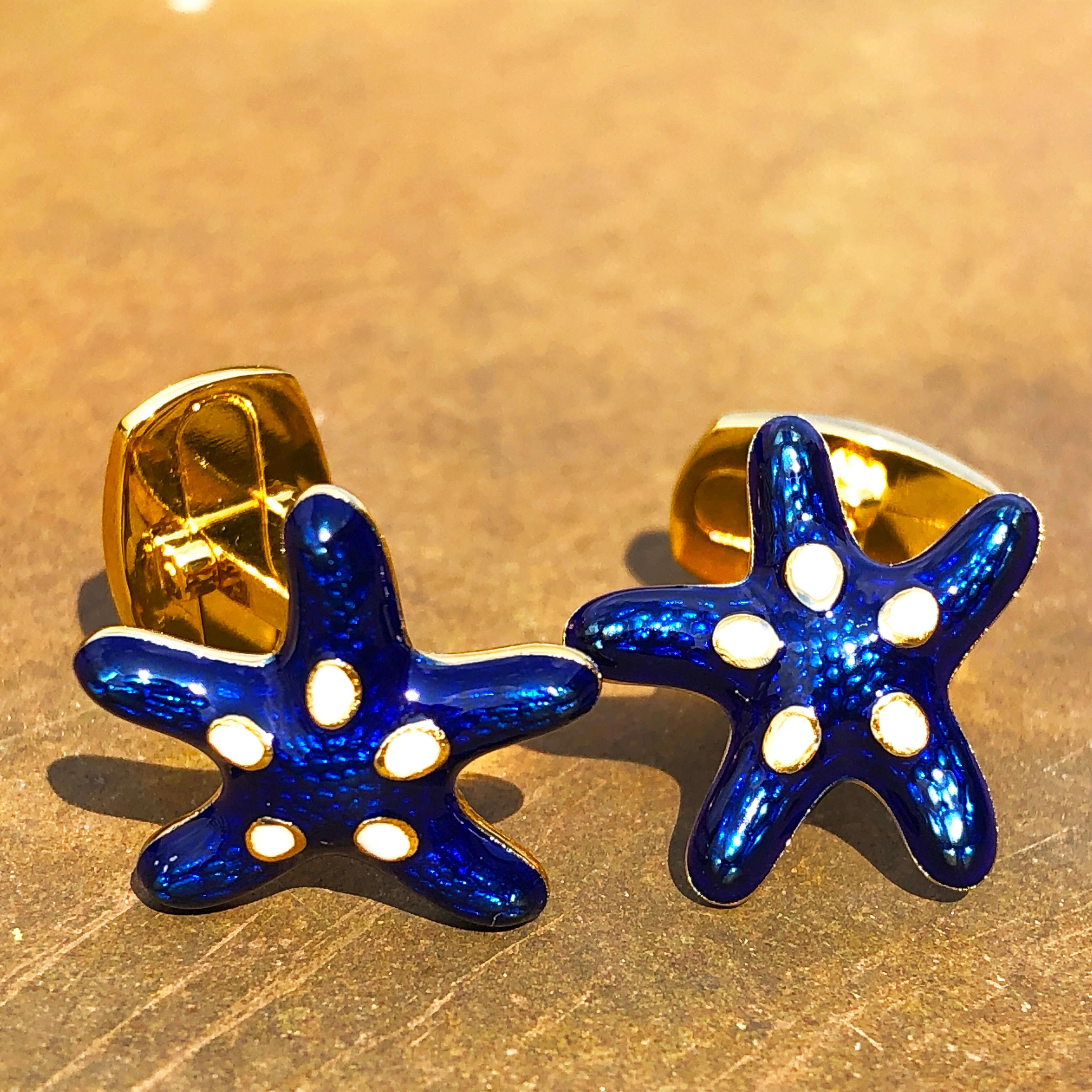 Navy Blue White Enameled Starfish Shaped Sterling Silver Gold-Plated Cufflinks 8