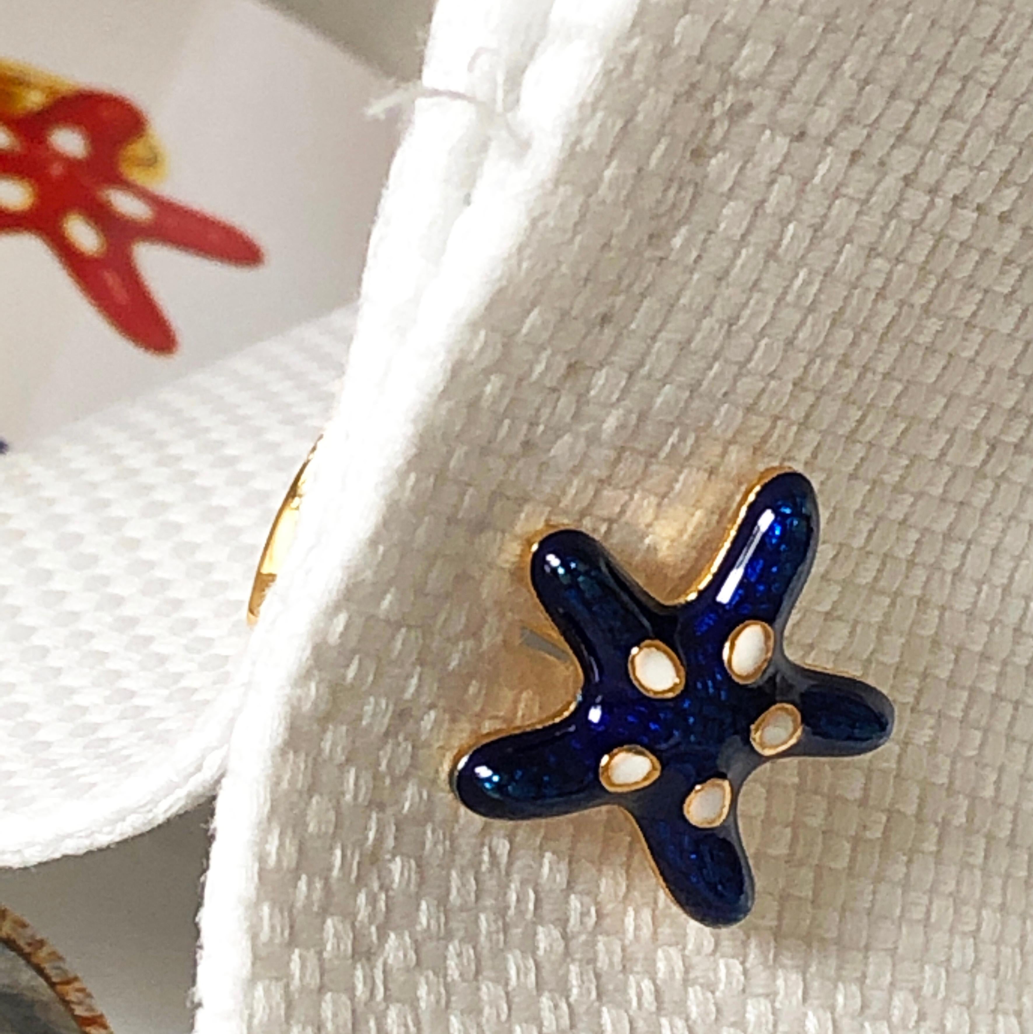 Navy Blue White Enameled Starfish Shaped Sterling Silver Gold-Plated Cufflinks 9