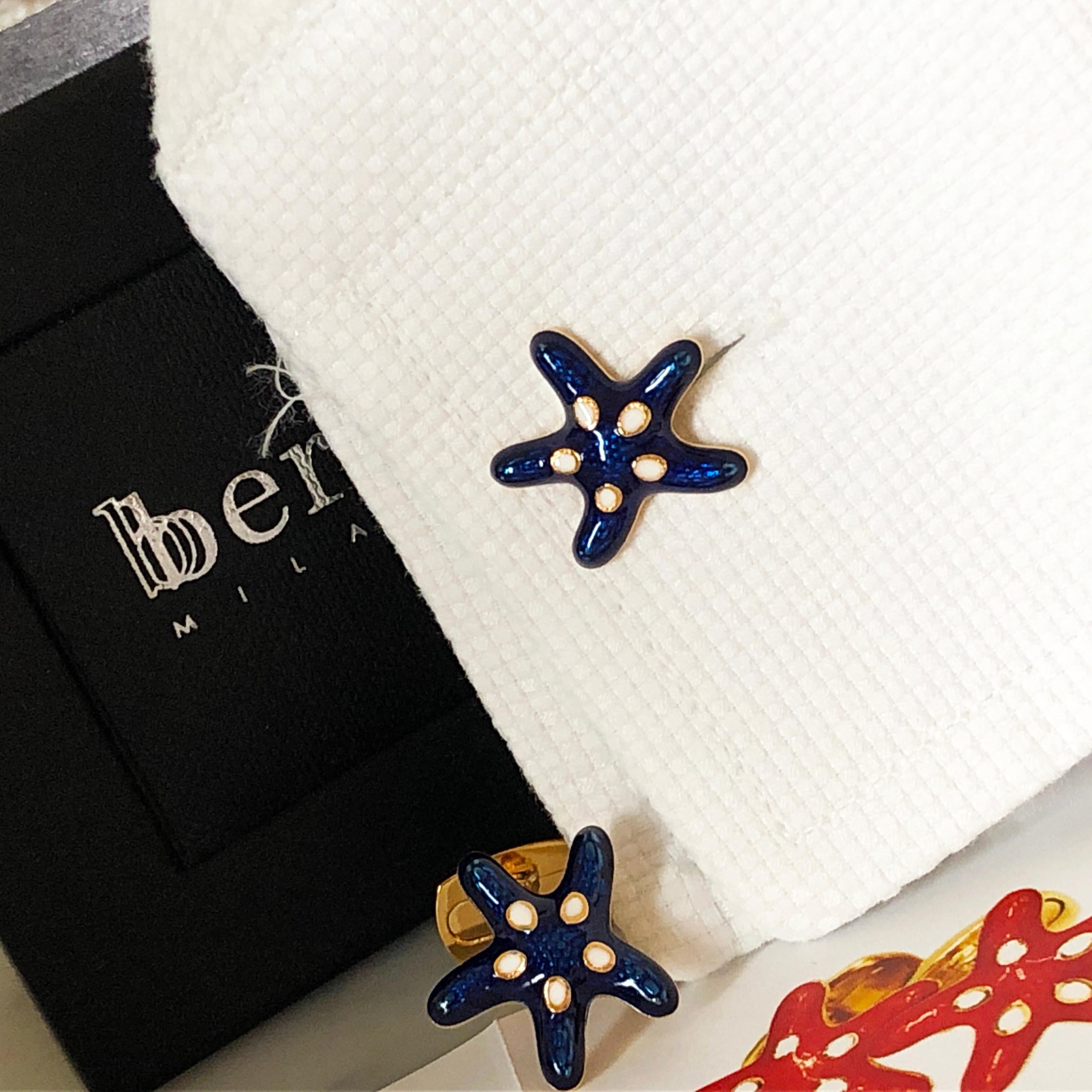Navy Blue White Enameled Starfish Shaped Sterling Silver Gold-Plated Cufflinks 10