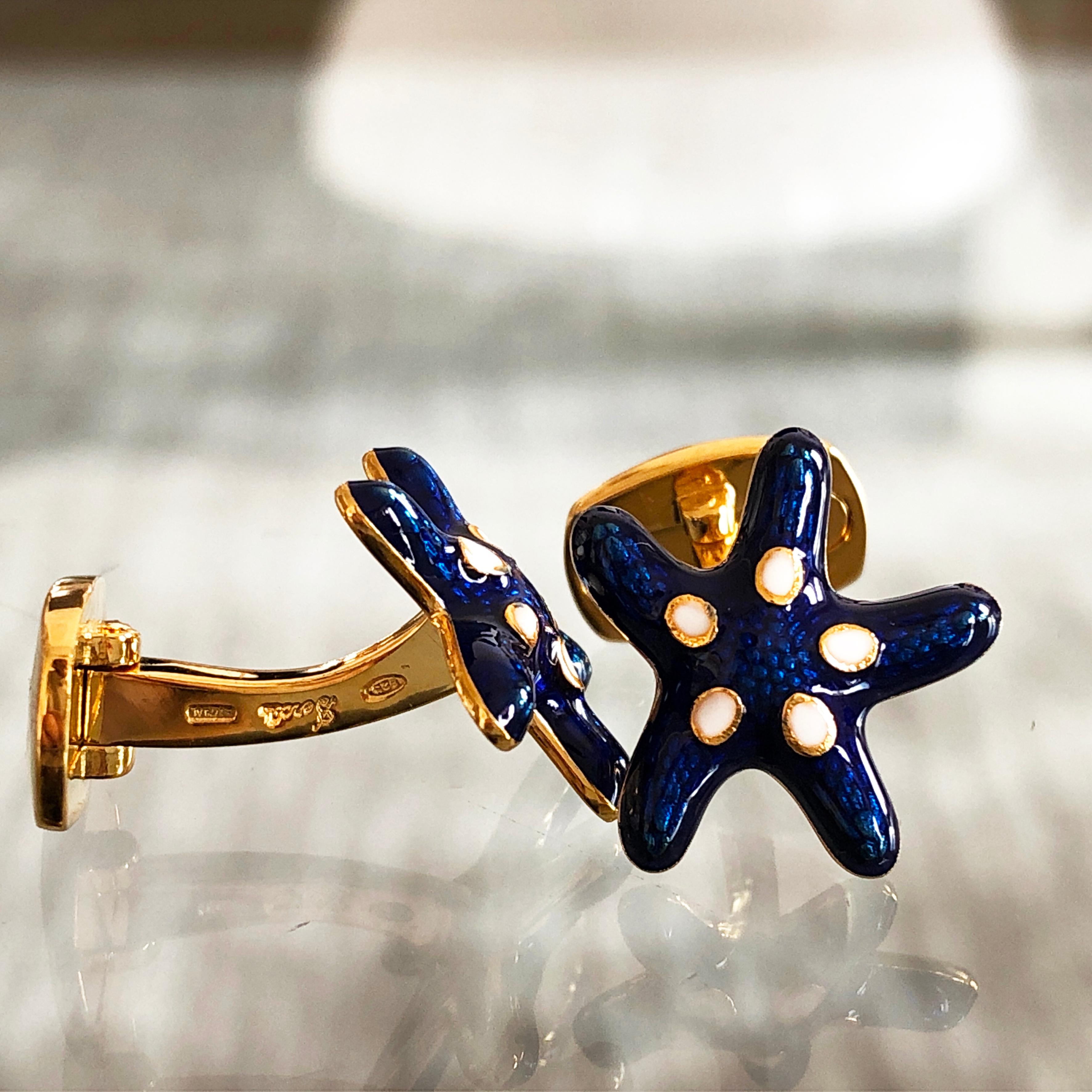 Contemporary Navy Blue White Enameled Starfish Shaped Sterling Silver Gold-Plated Cufflinks