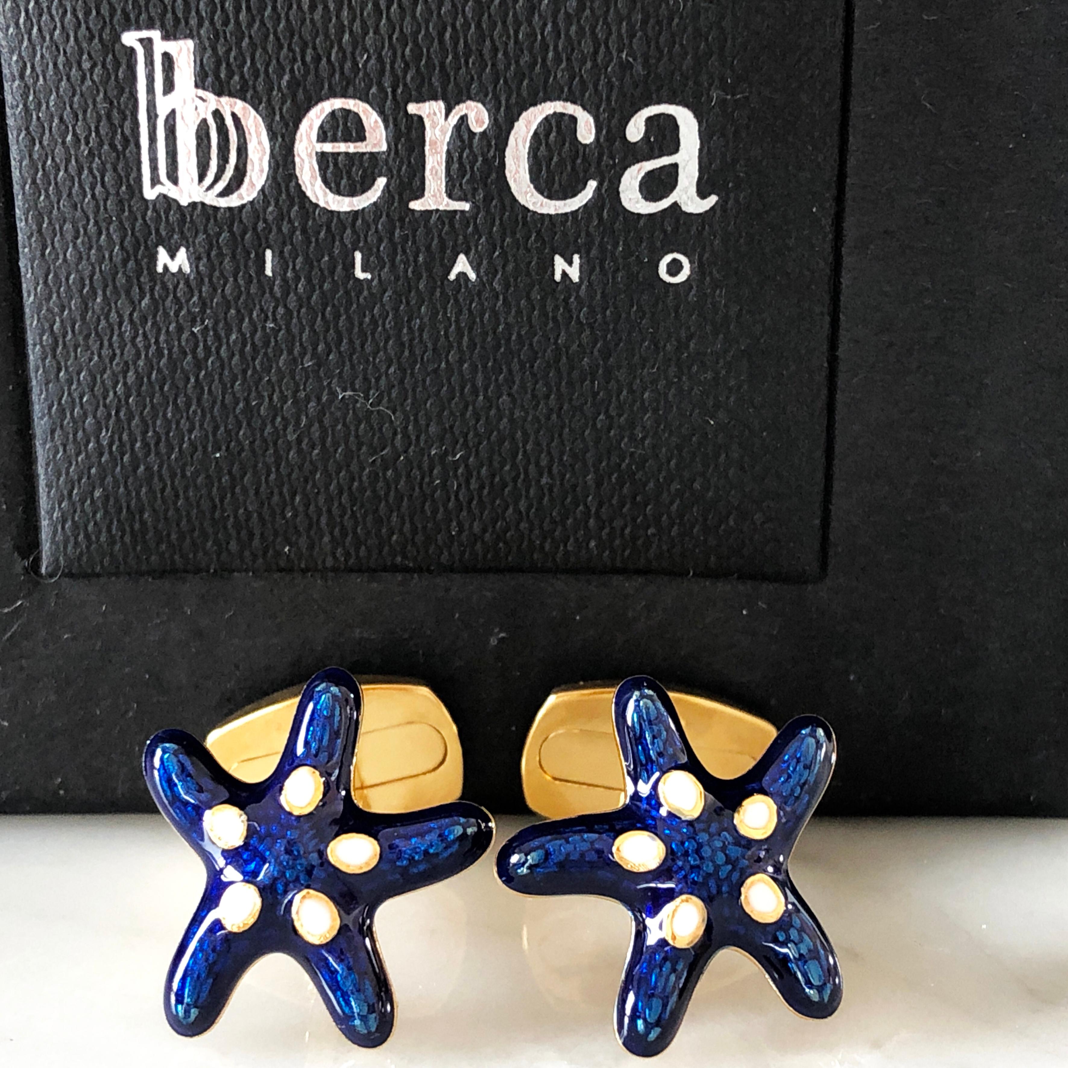 Men's Navy Blue White Enameled Starfish Shaped Sterling Silver Gold-Plated Cufflinks