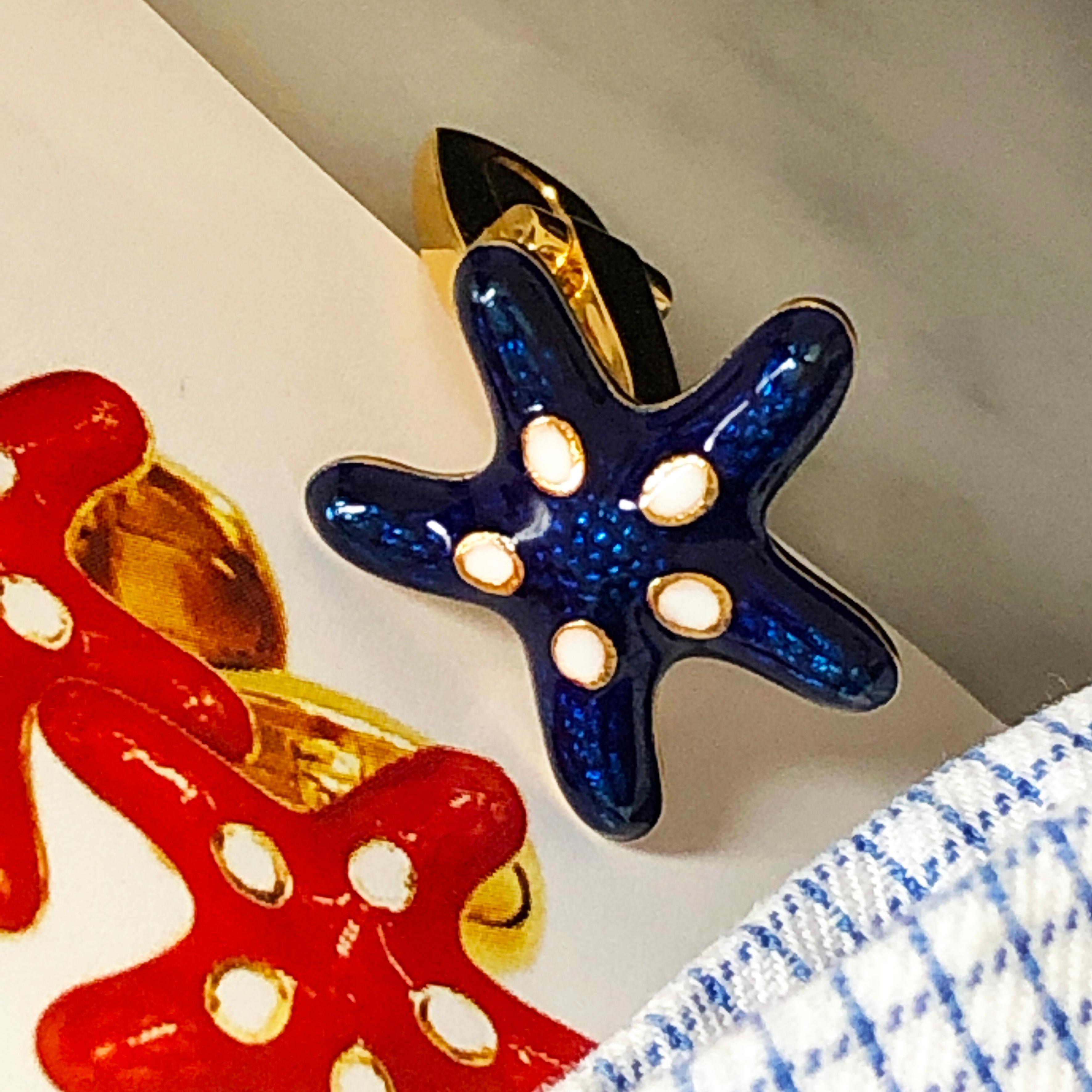 Navy Blue White Enameled Starfish Shaped Sterling Silver Gold-Plated Cufflinks 1