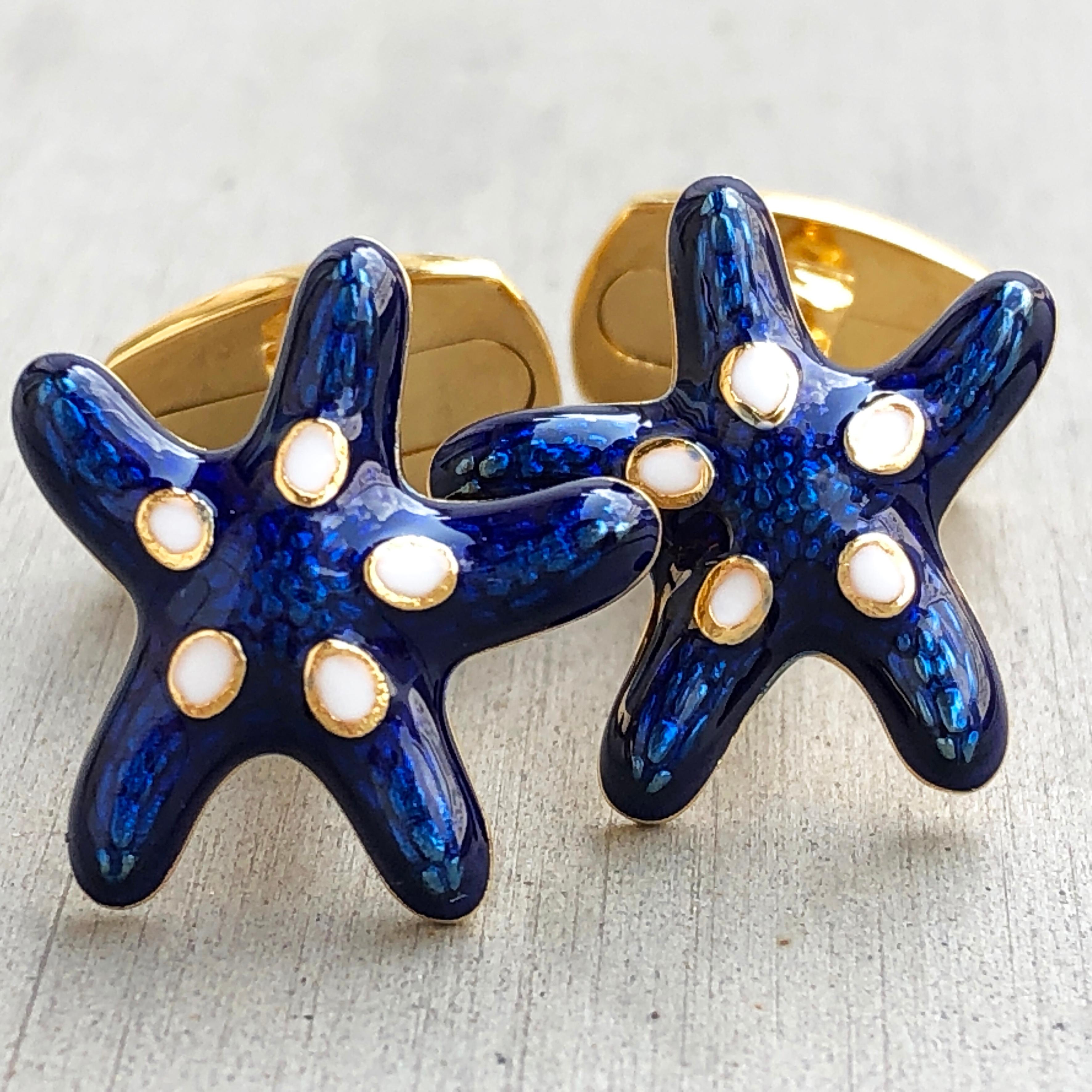 Navy Blue White Enameled Starfish Shaped Sterling Silver Gold-Plated Cufflinks 2