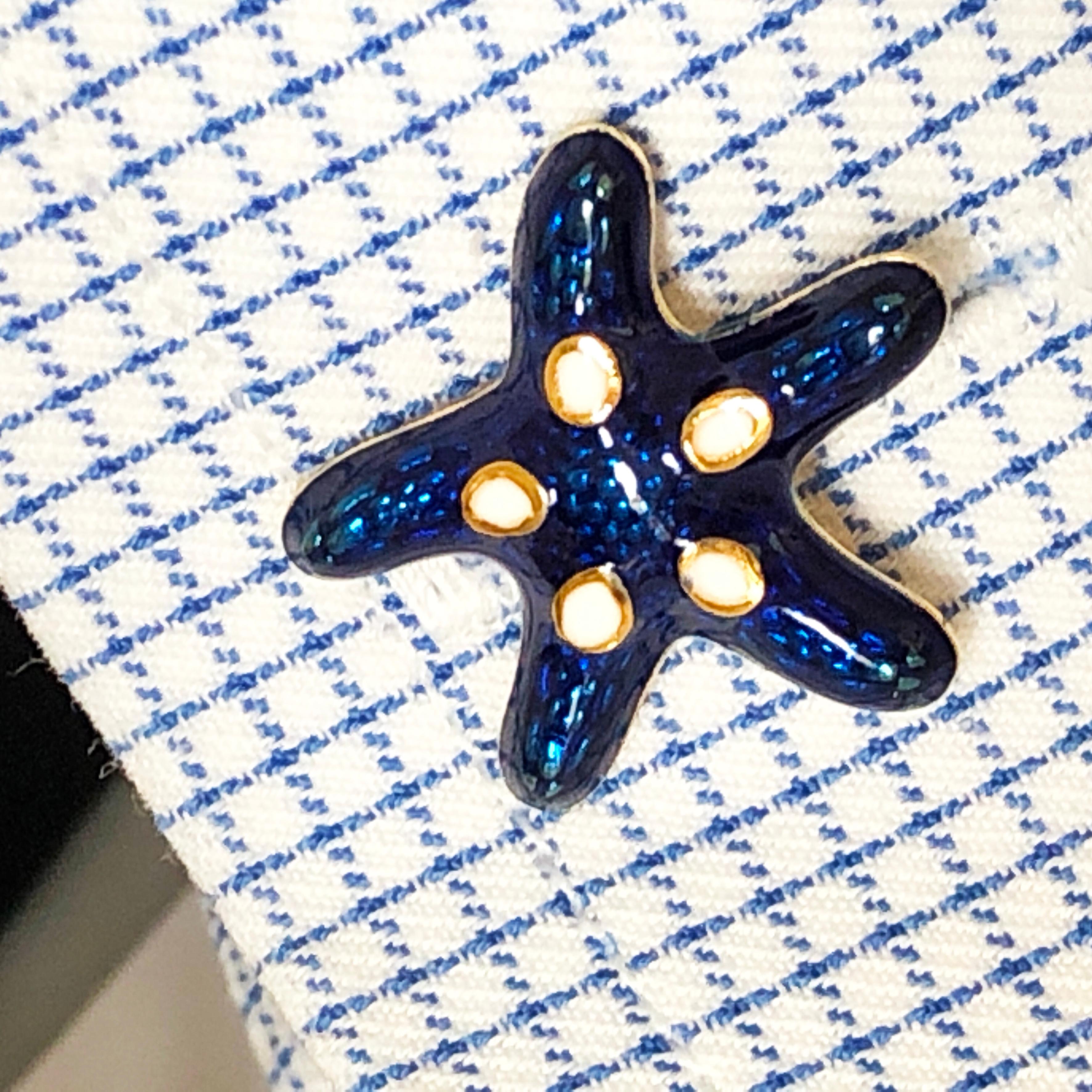 Navy Blue White Enameled Starfish Shaped Sterling Silver Gold-Plated Cufflinks 4
