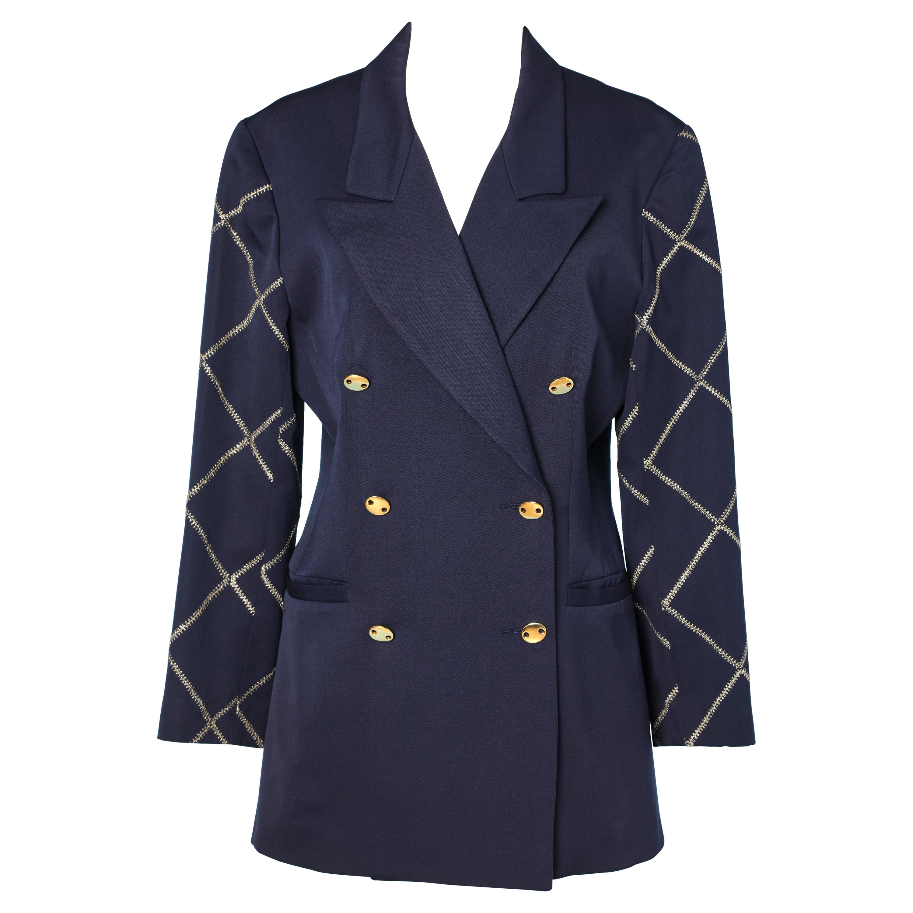 Navy blue wool double-breasted blazer with gold lurex top stiching Paco Rabanne  For Sale