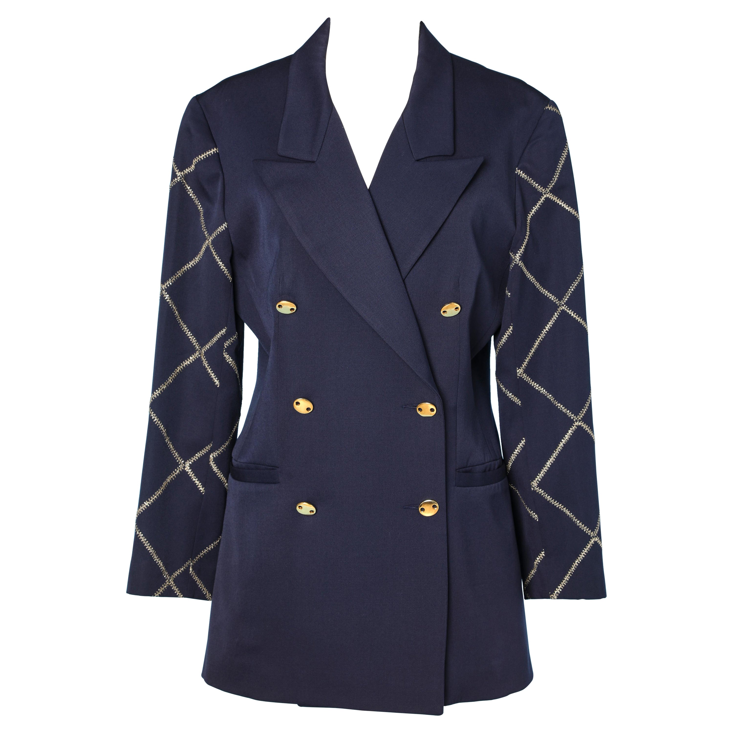 Blazer croisé en laine bleu marine avec surpiqûres en lurex doré Paco Rabanne  en vente