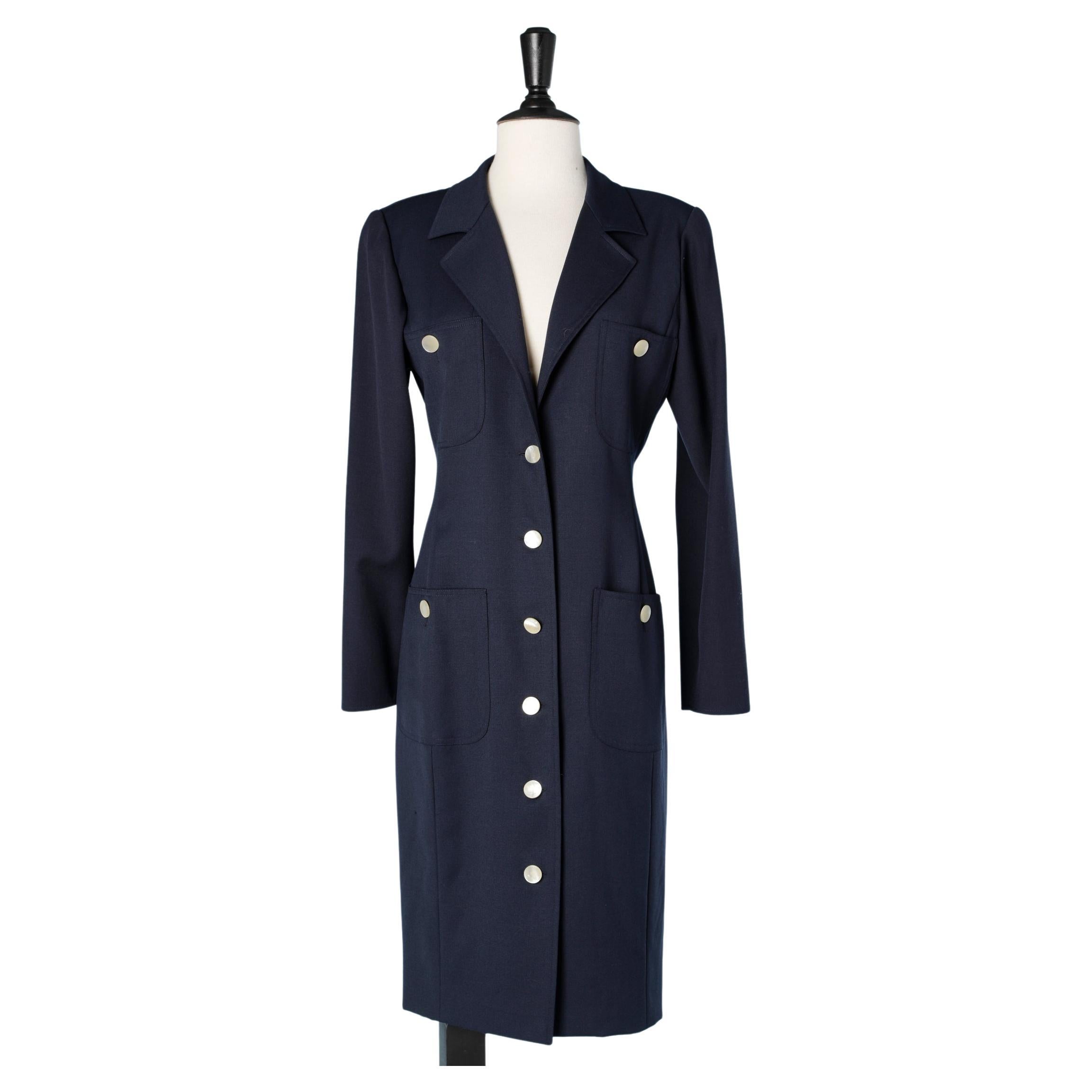 Navy blue wool dress with mother-of-pearls buttons Valentino  Miss V 