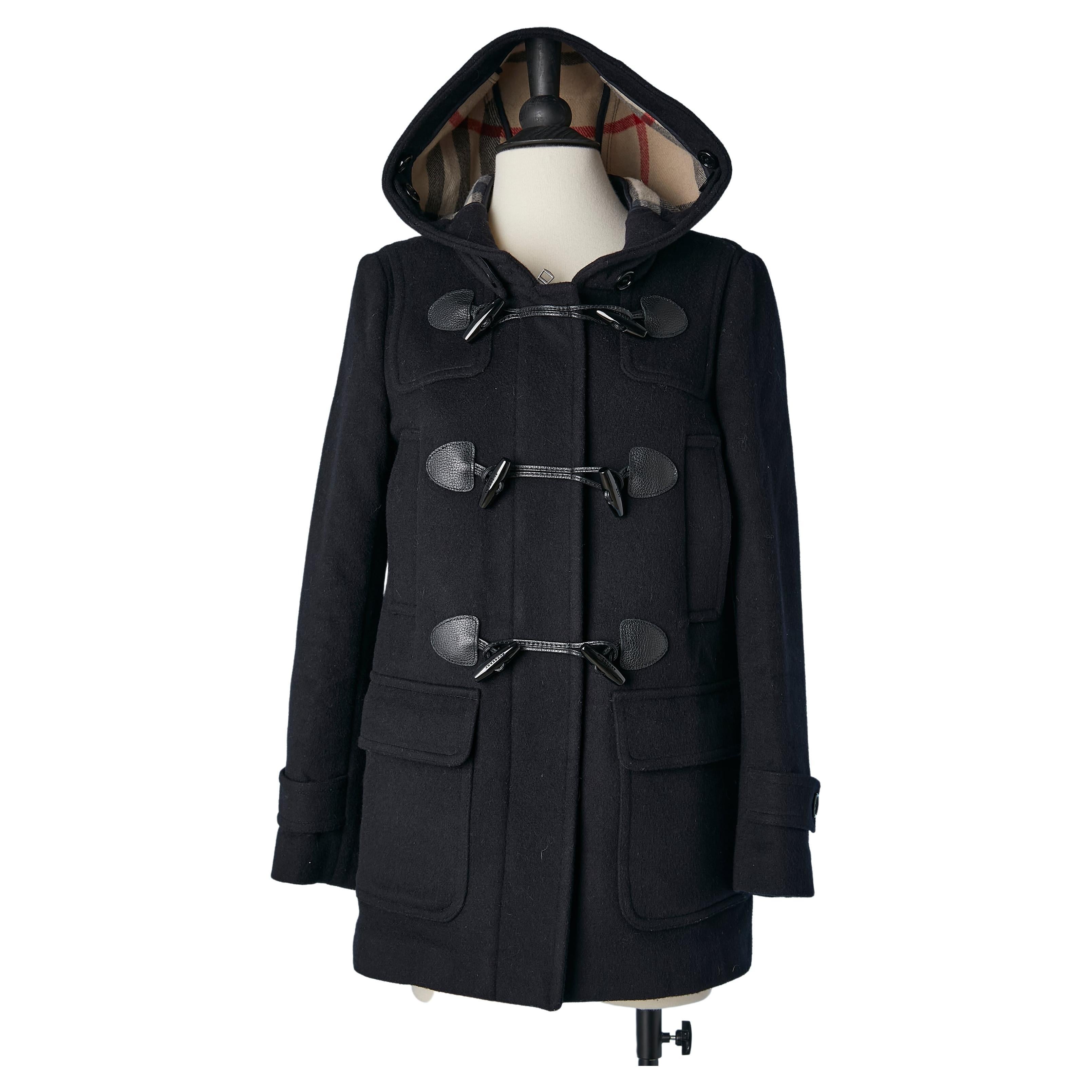 Navy blue wool duffle-coat with Tartan lining and hood Burberry Brit 
