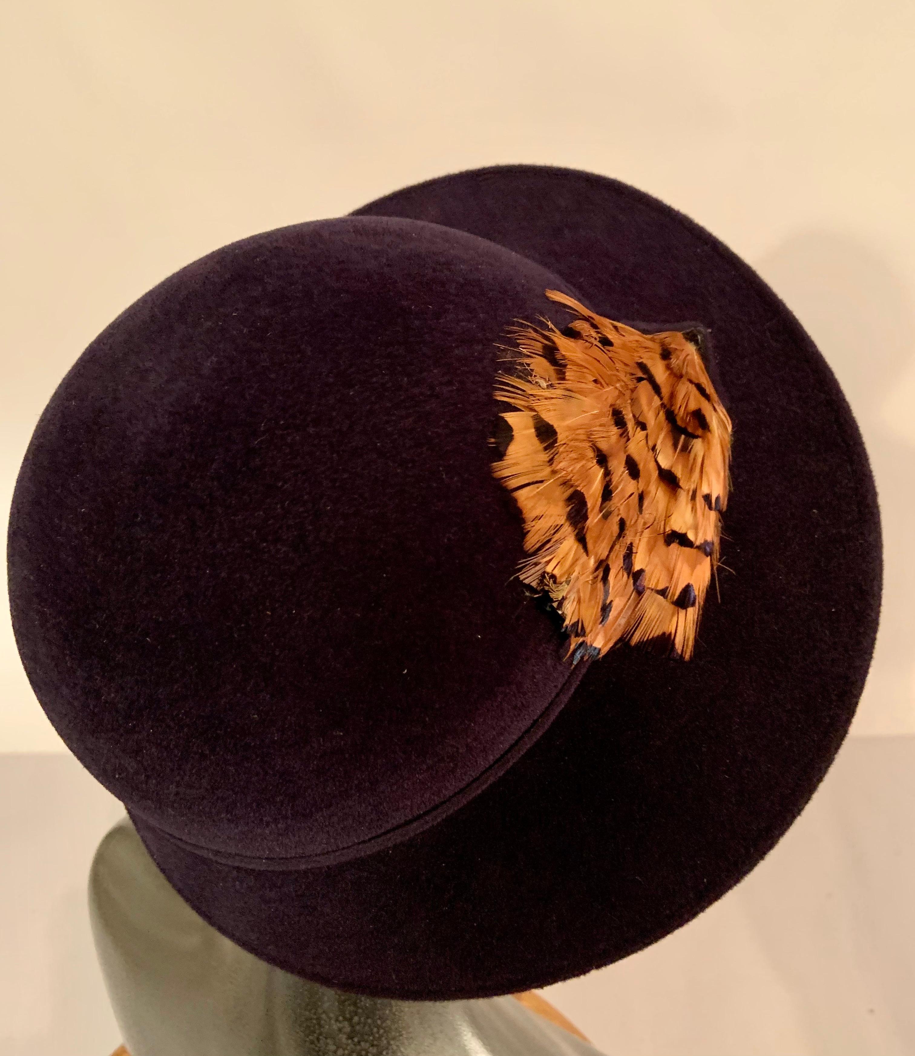 Black Navy Blue Wool Felt Hat with Feather Trim