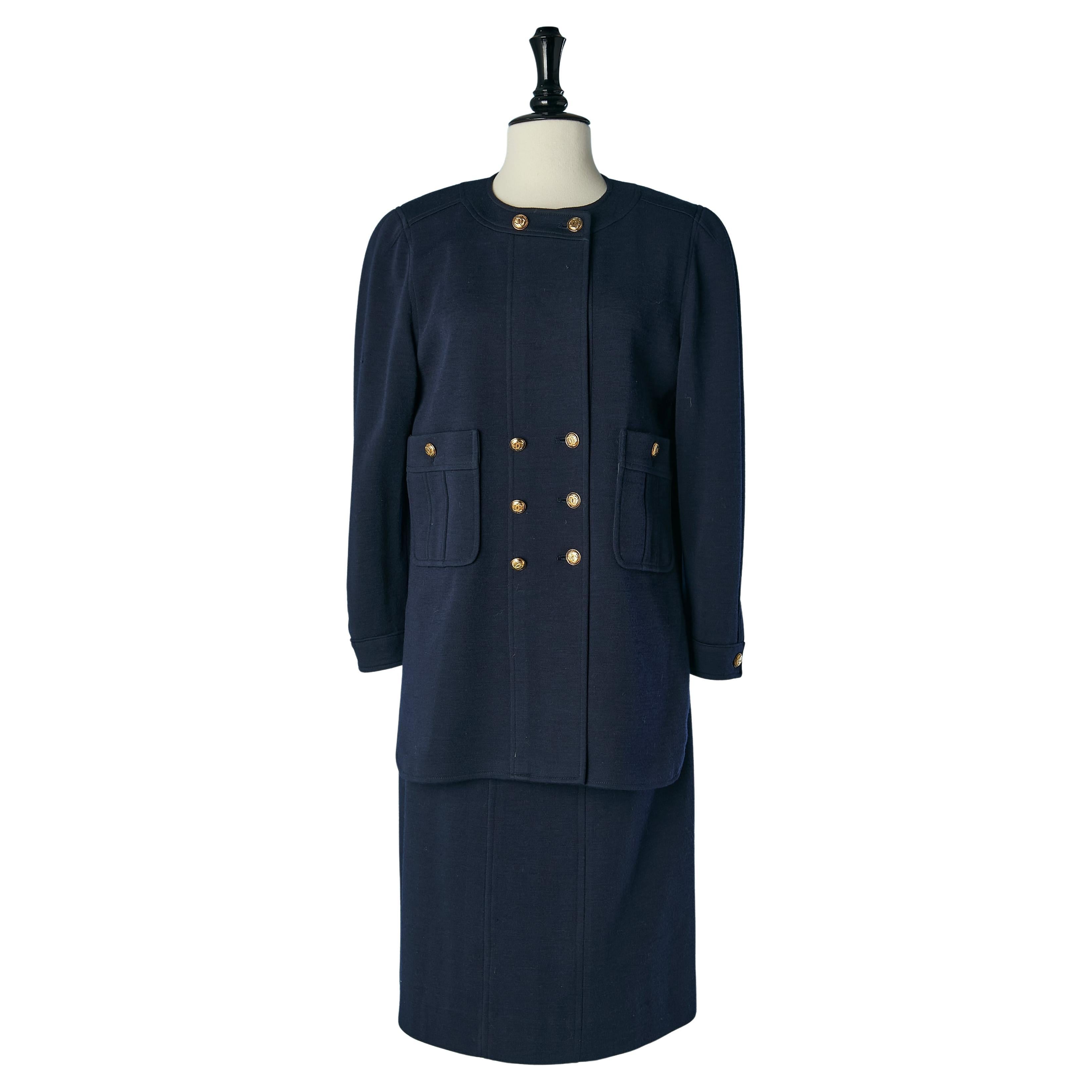 Navy blue wool jersey double- breasted jacket skirt suit CHANEL Boutique
