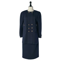 Navy blue wool jersey double- breasted jacket skirt suit CHANEL Boutique