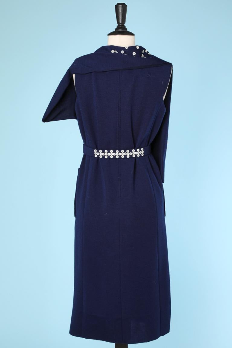 Navy blue wool jersey dress with detachable scarf-collar Pauline Trigère 69 In Excellent Condition For Sale In Saint-Ouen-Sur-Seine, FR