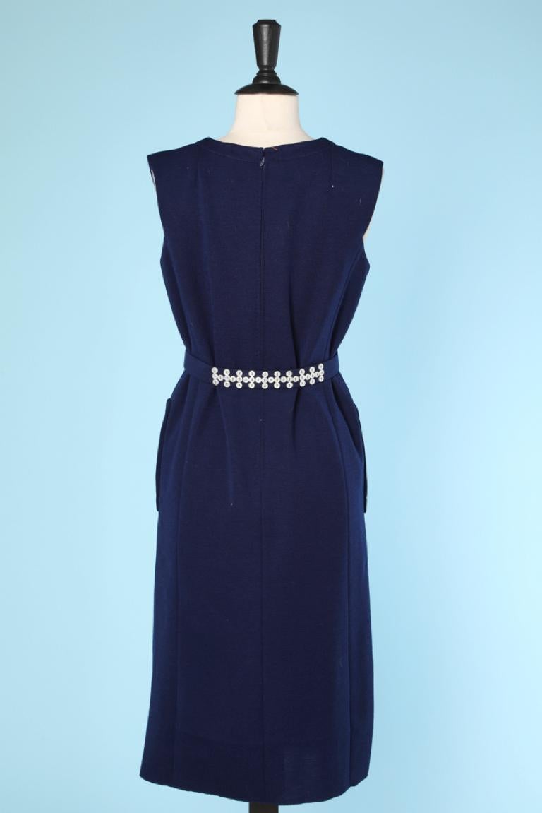Navy blue wool jersey dress with detachable scarf-collar Pauline Trigère 69 For Sale 3