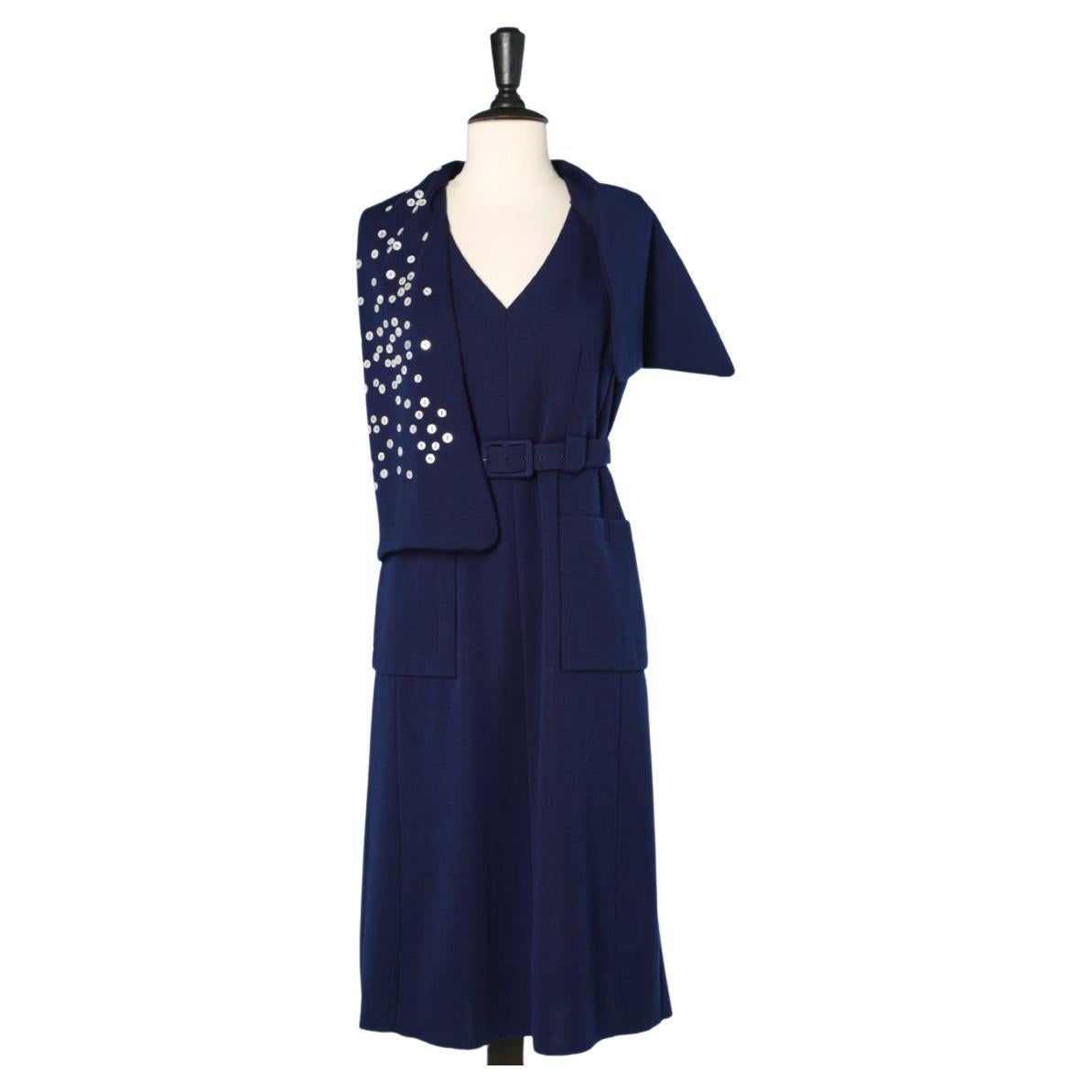Navy blue wool jersey dress with detachable scarf-collar Pauline Trigère 69 For Sale