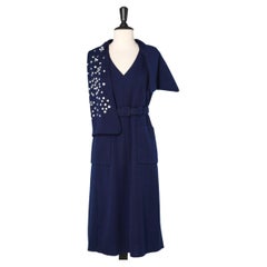 Navy blue wool jersey dress with detachable scarf-collar Pauline Trigère 69