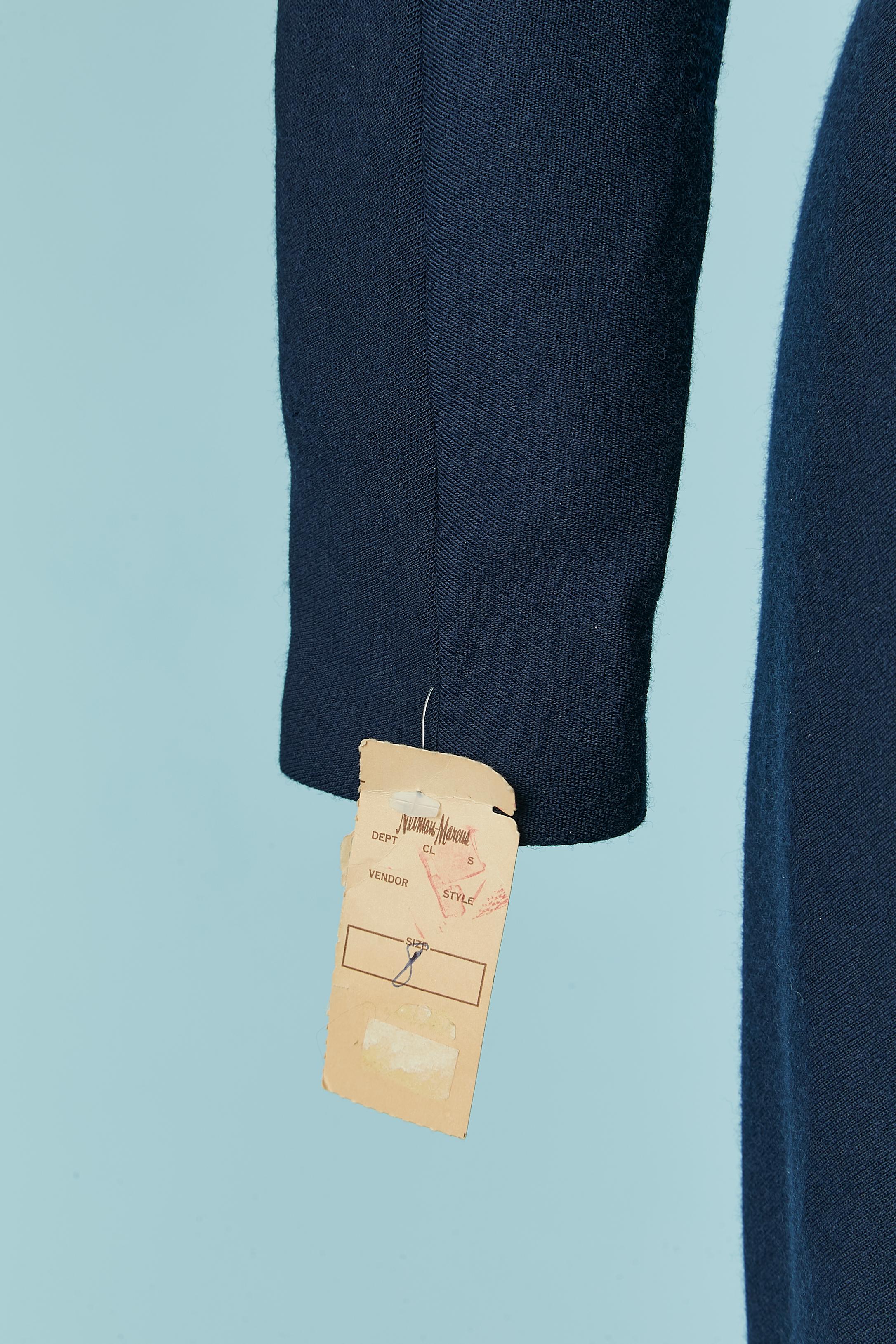 Navy blue wool jersey dress with satin belt Geoffrey Beene for Neiman Marcus In Excellent Condition For Sale In Saint-Ouen-Sur-Seine, FR