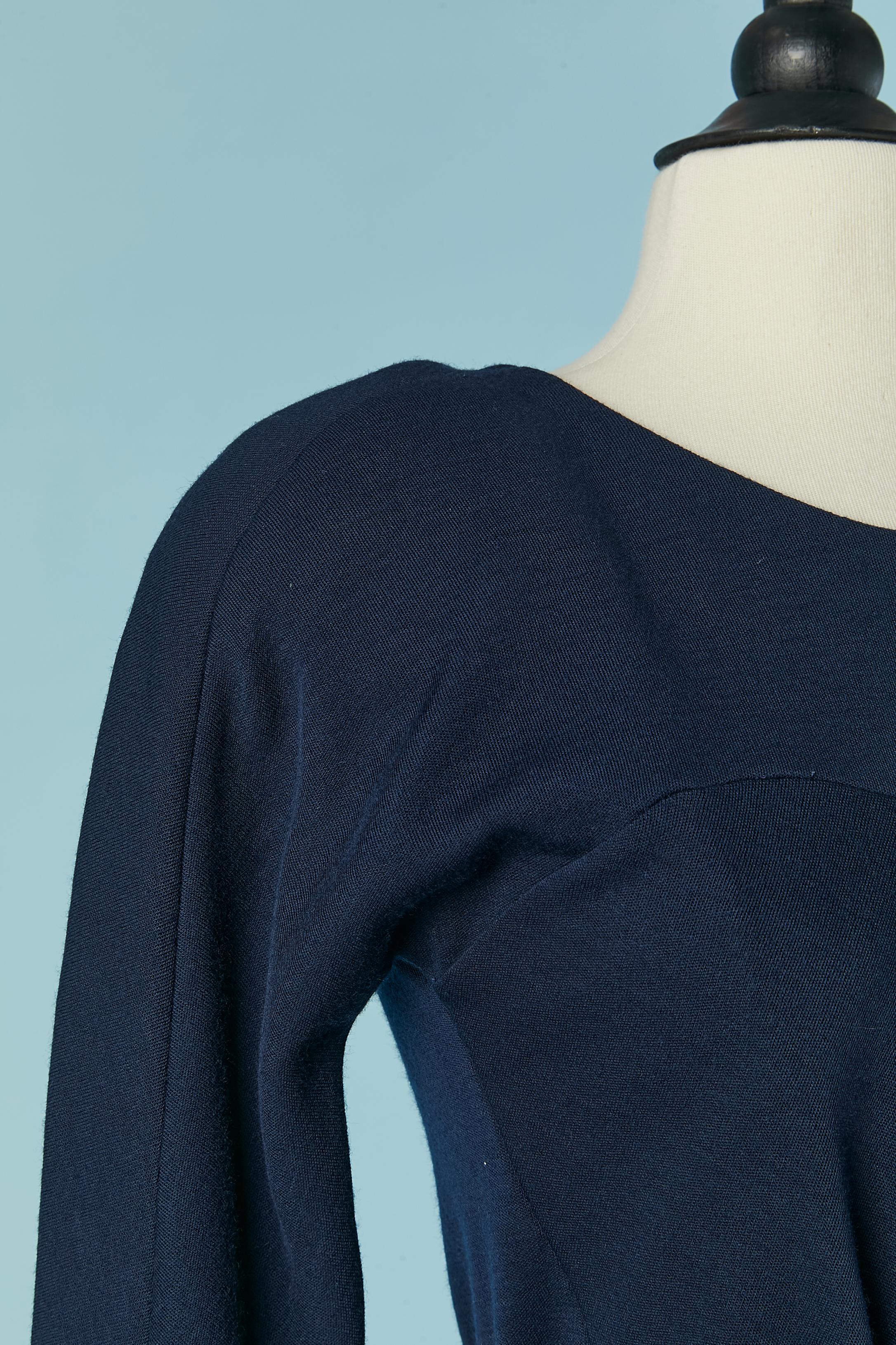 Women's Navy blue wool jersey dress with satin belt Geoffrey Beene for Neiman Marcus For Sale